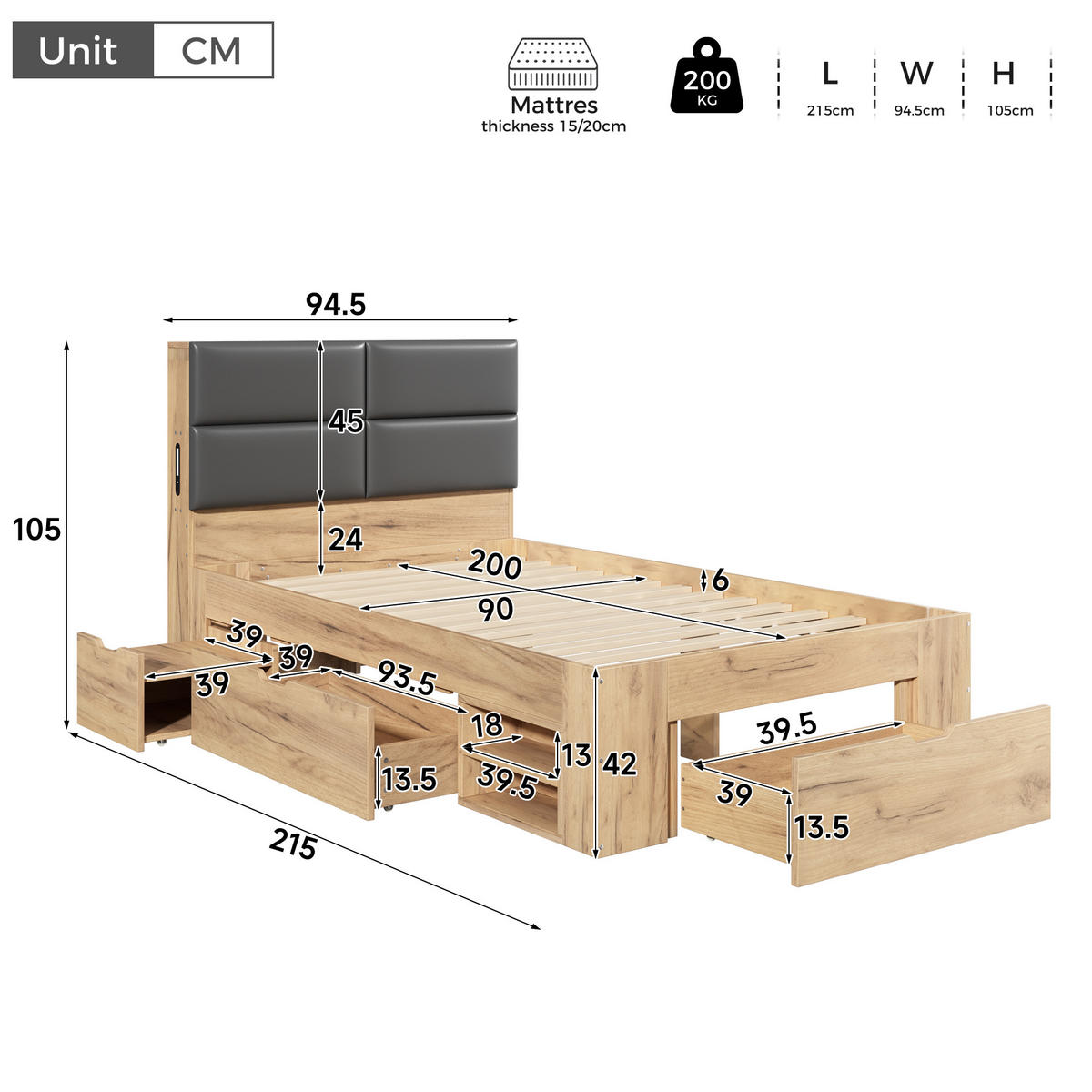 STAURAUMBETT 90/200 cm mit 2 Schubladen, DE-41824, in Naturfarbe - Naturfarben, Holzwerkstoff (90/200cm) - ComfortXL