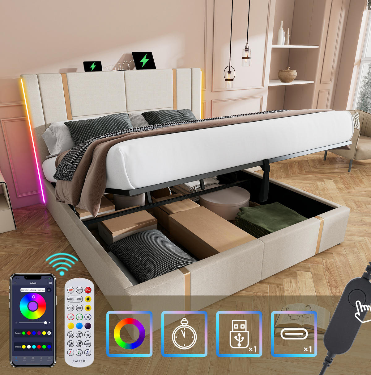 ČALOUNĚNÁ postel 180/200 cm s LED osvětlením, USB a Typ-C nabíjením, úložným prostorem a lamelovým roštem, Béžová - béžová, textil (180/200cm) - Redom