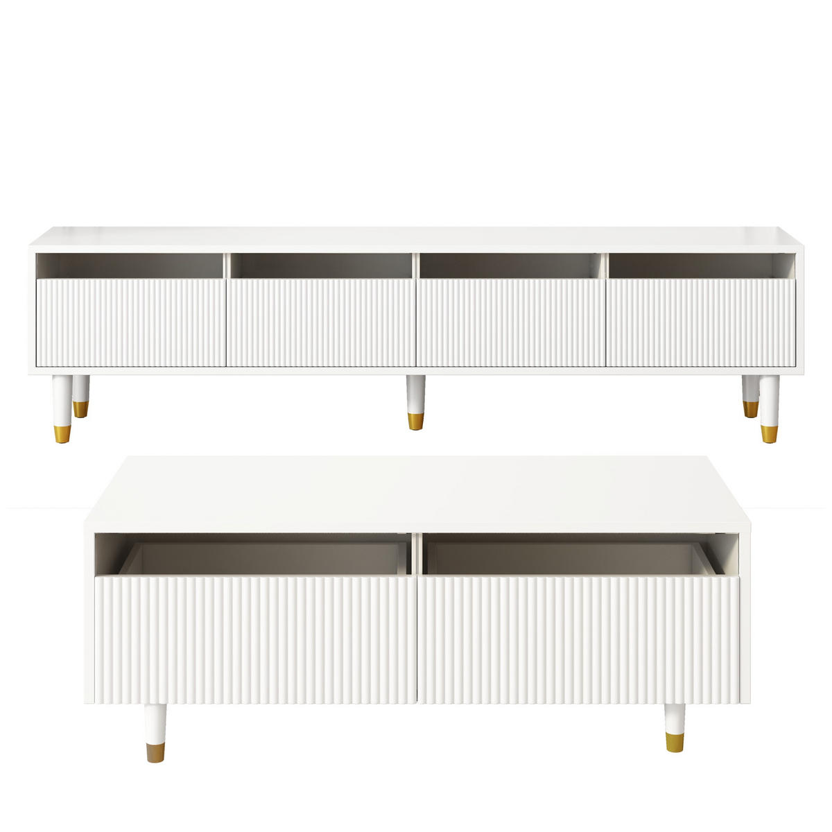 LOWBOARD DE-40130 und Couchtisch mit LED-Beleuchtung Weiß - Weiß, Holzwerkstoff (178/45/35cm) - ComfortXL