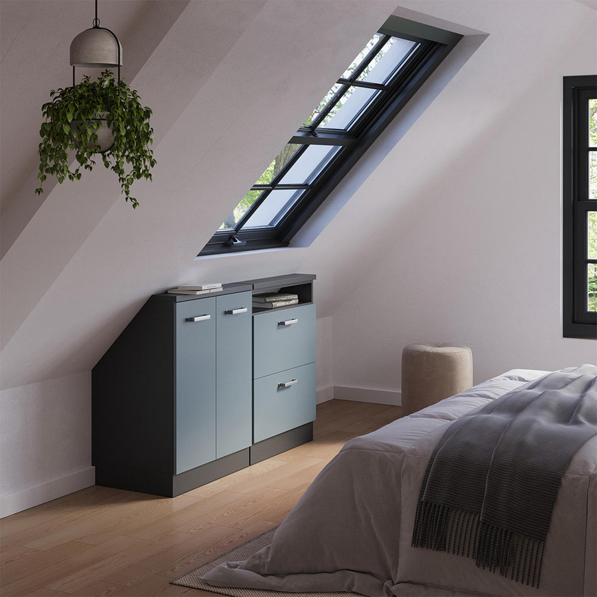 KUCHYŇSKÁ SKŘÍŇKA POD ŠIKMOU STŘECHU R-Line Modrošedá/antracitová - antracitová/šedohnědá, kompozitní dřevo (120/81.6/46cm) - Vicco