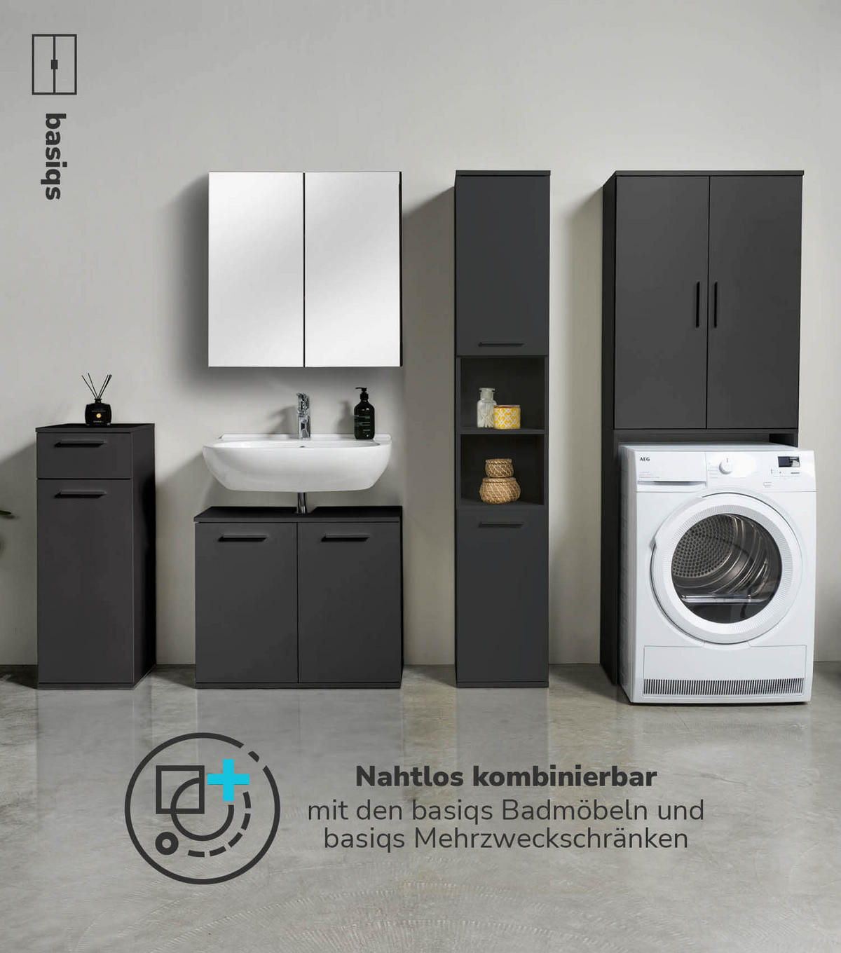 WASCHMASCHINENSCHRANK Der Saubermann - Anthrazit/Schwarz, Holzwerkstoff (65/180/34cm) - Mokebo