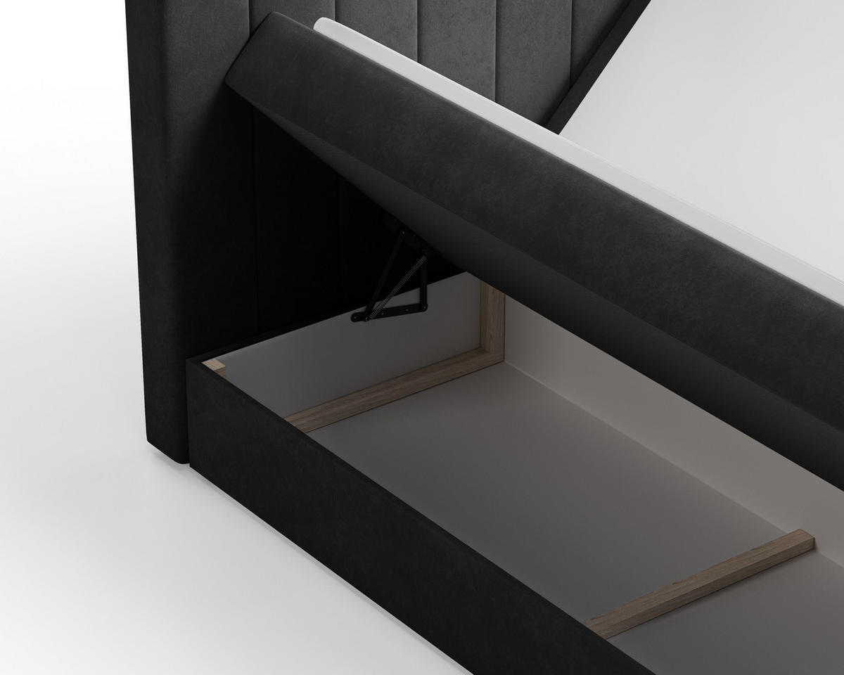 BOXBETT 01 BIS 180 x 200 cm - Manila - Modernes Polsterbett mit Bettkasten inkl. PU-Schaum-Topper und Federmechanismus - Schwarz, Holz (180/200cm) - ROYAL24_MARKT