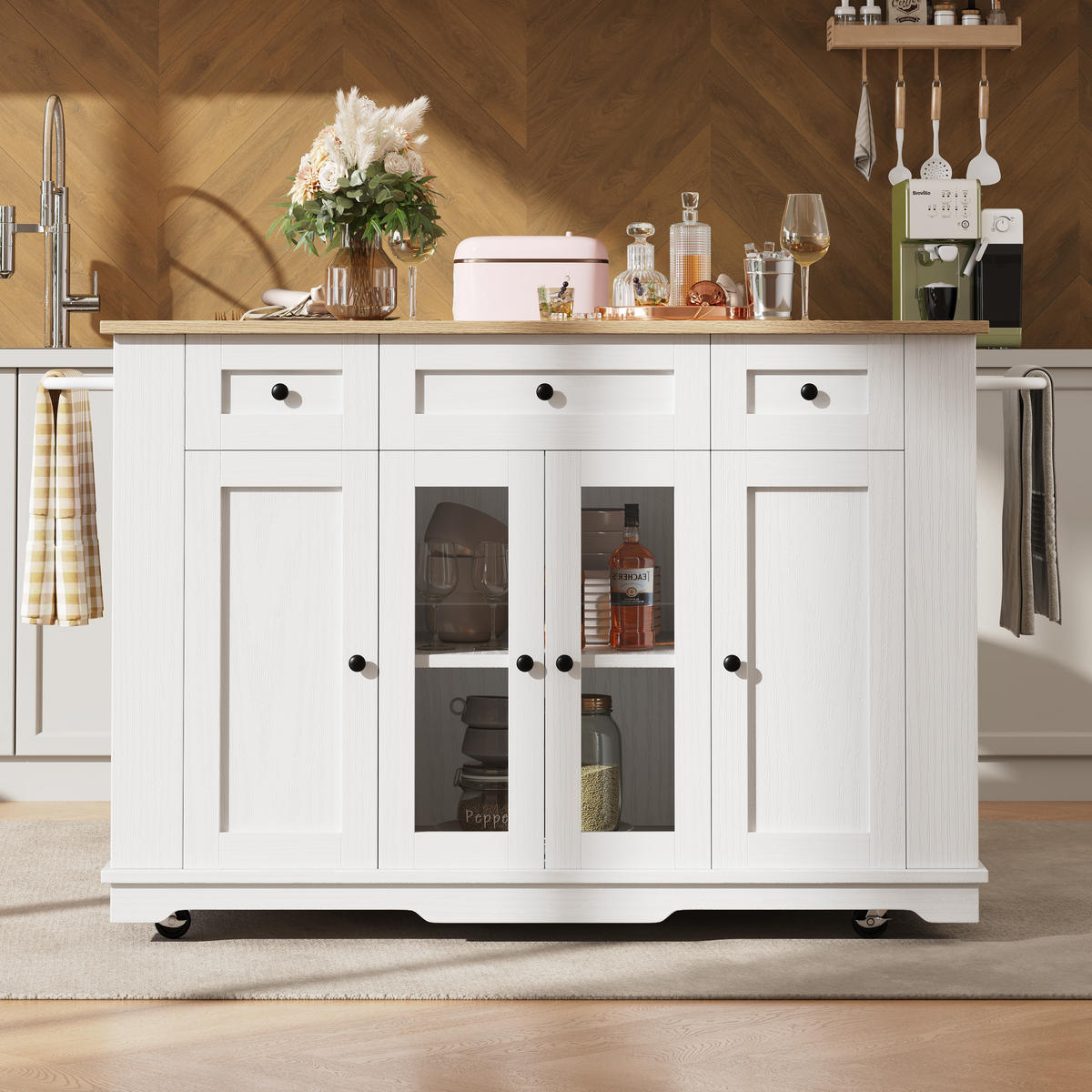 KÜCHENINSEL 151.5x85x91.7cm Weiß mit Klapptisch & Glastüren - Weiß, Holzwerkstoff (151.5/91.7/85cm) - Modfu