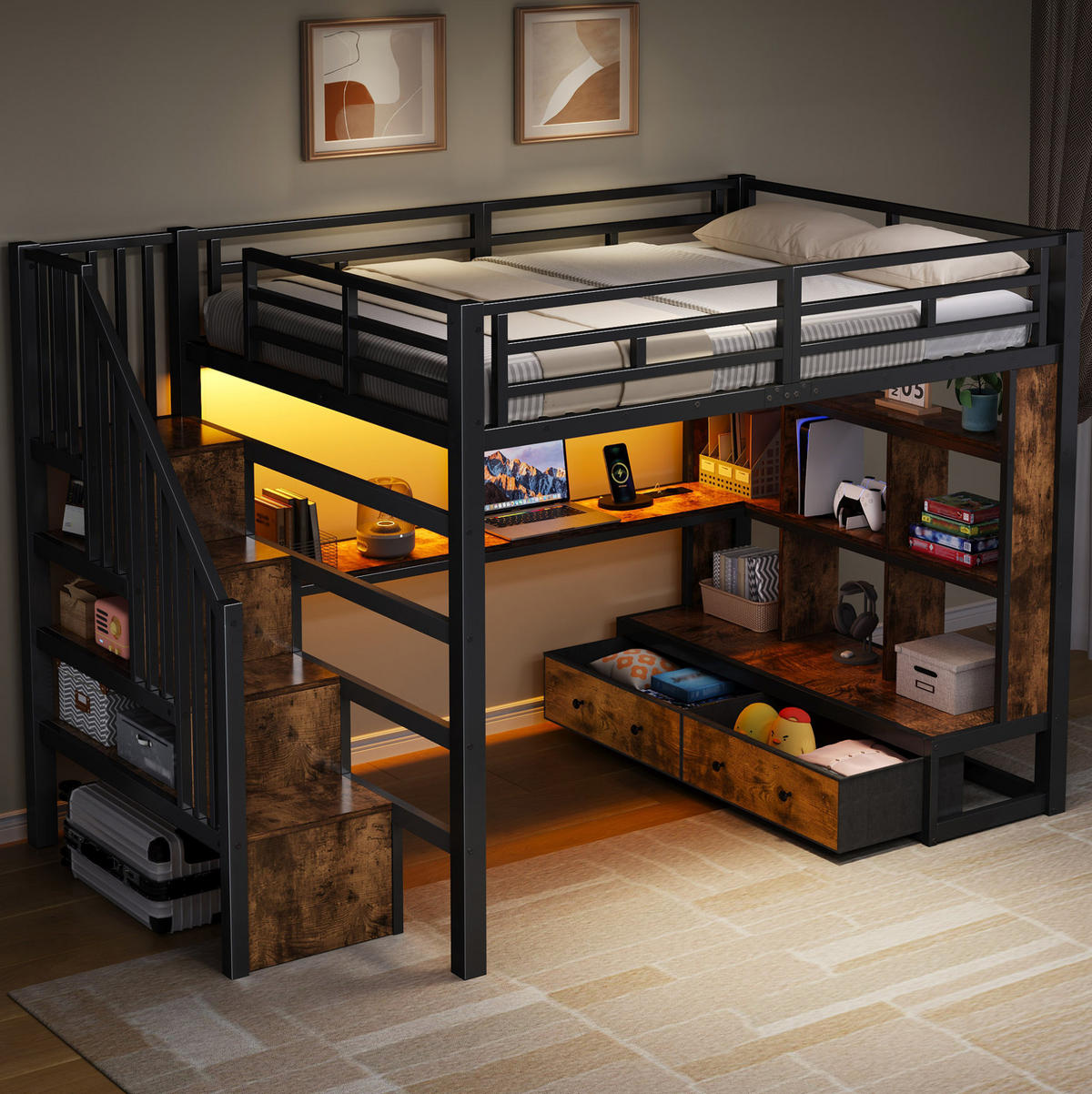 HOCHBETT 140/200 cm Schwarz mit Schreibtisch, Regalen und LED - Schwarz, Metall (140/200cm) - MIVRAY