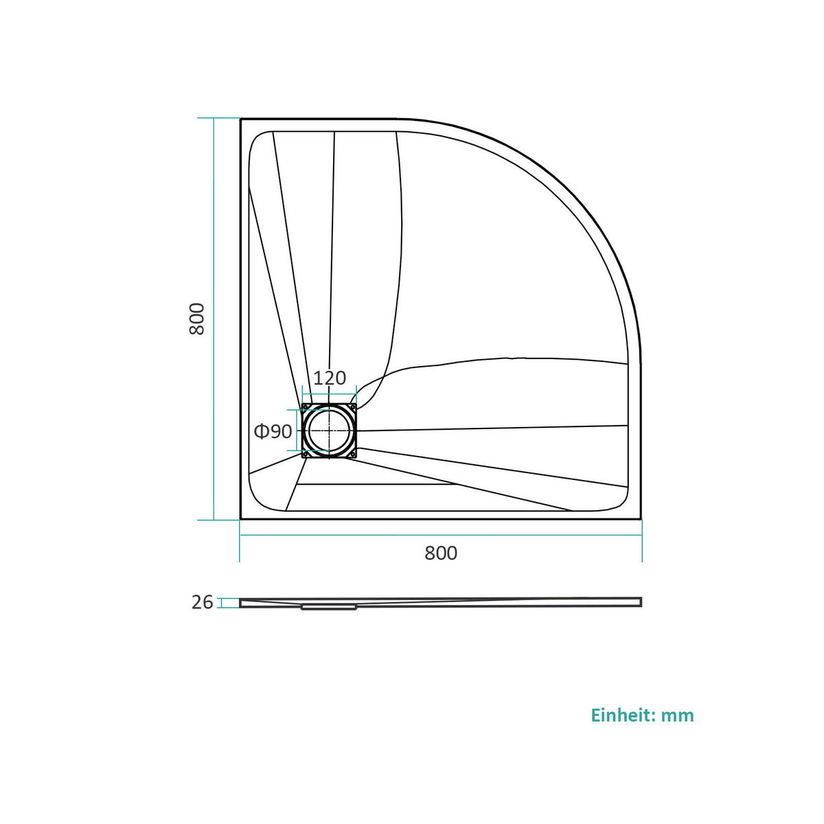DUSCHWANNE Viertelkreis mit rutschhemmender Oberfläche 80/80 cm, Schwarz - Schwarz, Naturmaterialen (80/2.6/80cm) - EMKE