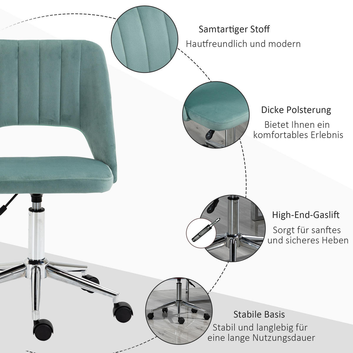HÖHENVERSTELLBARER Schreibtischstuhl mit Rollen, 360° drehbar, Jakobsmuschel-Form, Schaumstoff, 49 x 60 x 79-91 cm, Grün - Grün, Textil (60/91/49cm)