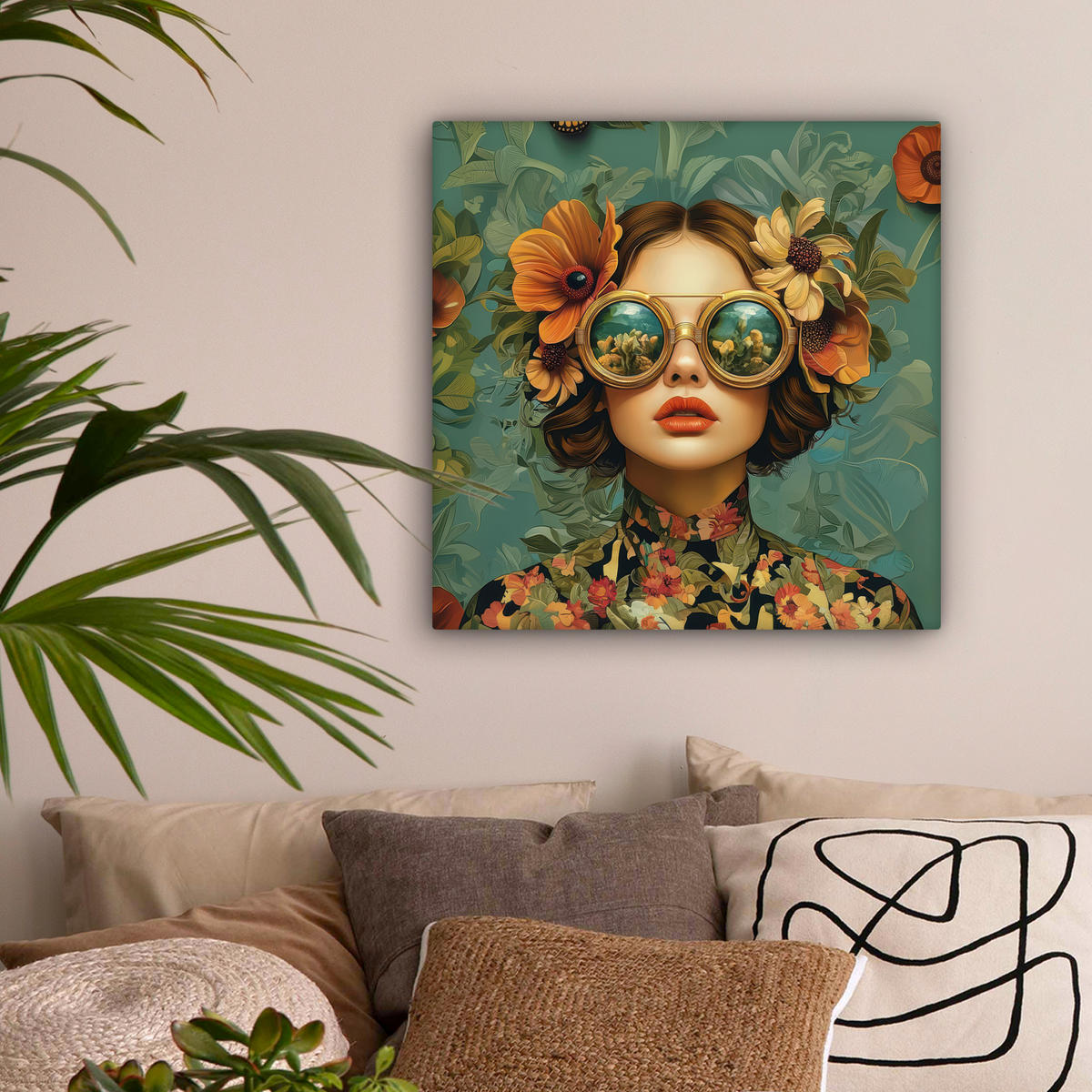 LEINWANDBILD Frau - Blumen - Schmetterlinge - Natur - Vintage Wandbild Wohnzimmer 50x50 cm - Salbeigrün, Textil (50/50cm) - MuchoWow