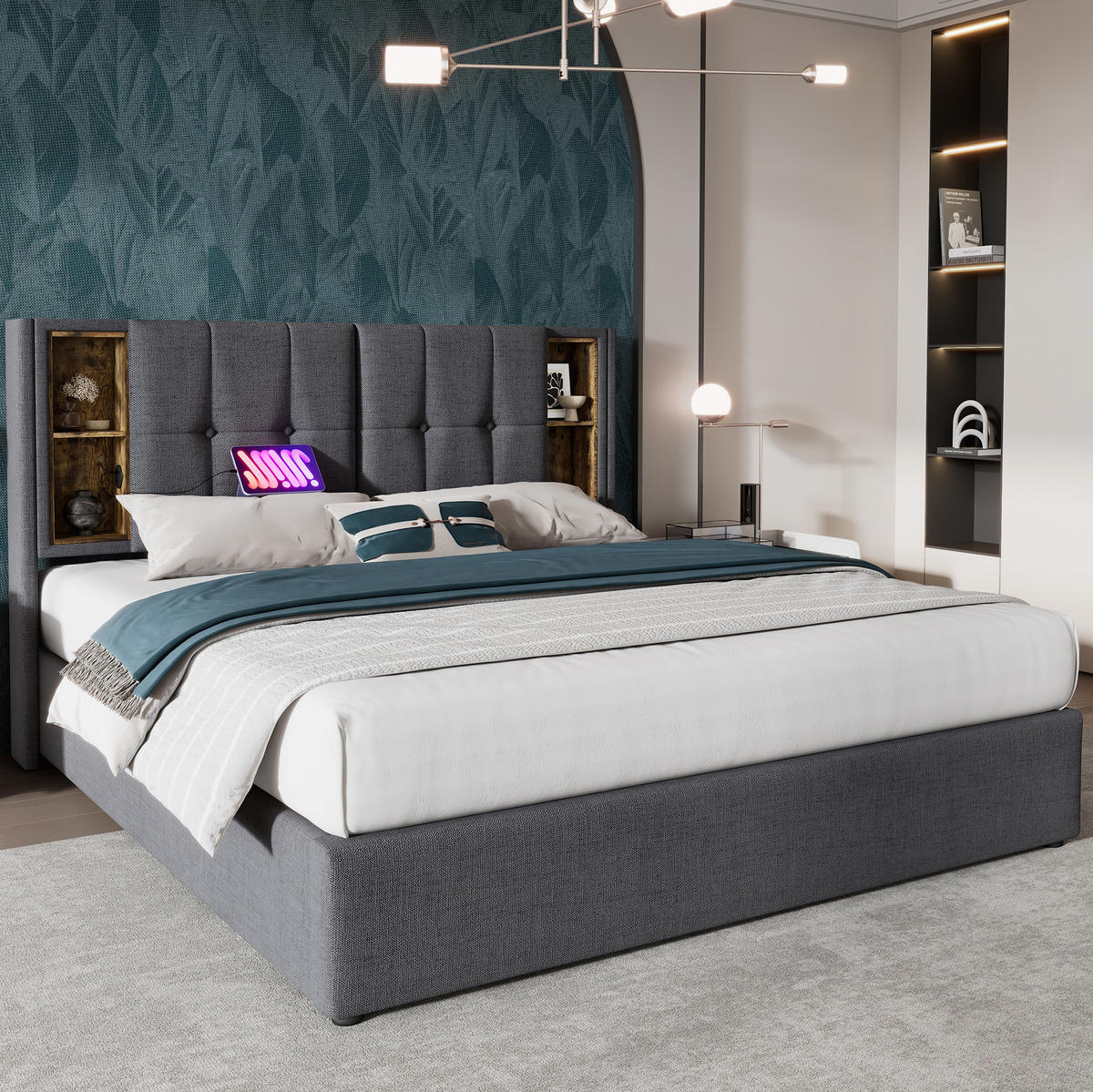 POLSTERBETT 160/200 cm Grau mit Stauraum und USB- & Type-C-Anschlüssen - Grau, Textil (160/200cm) - Flora Grace