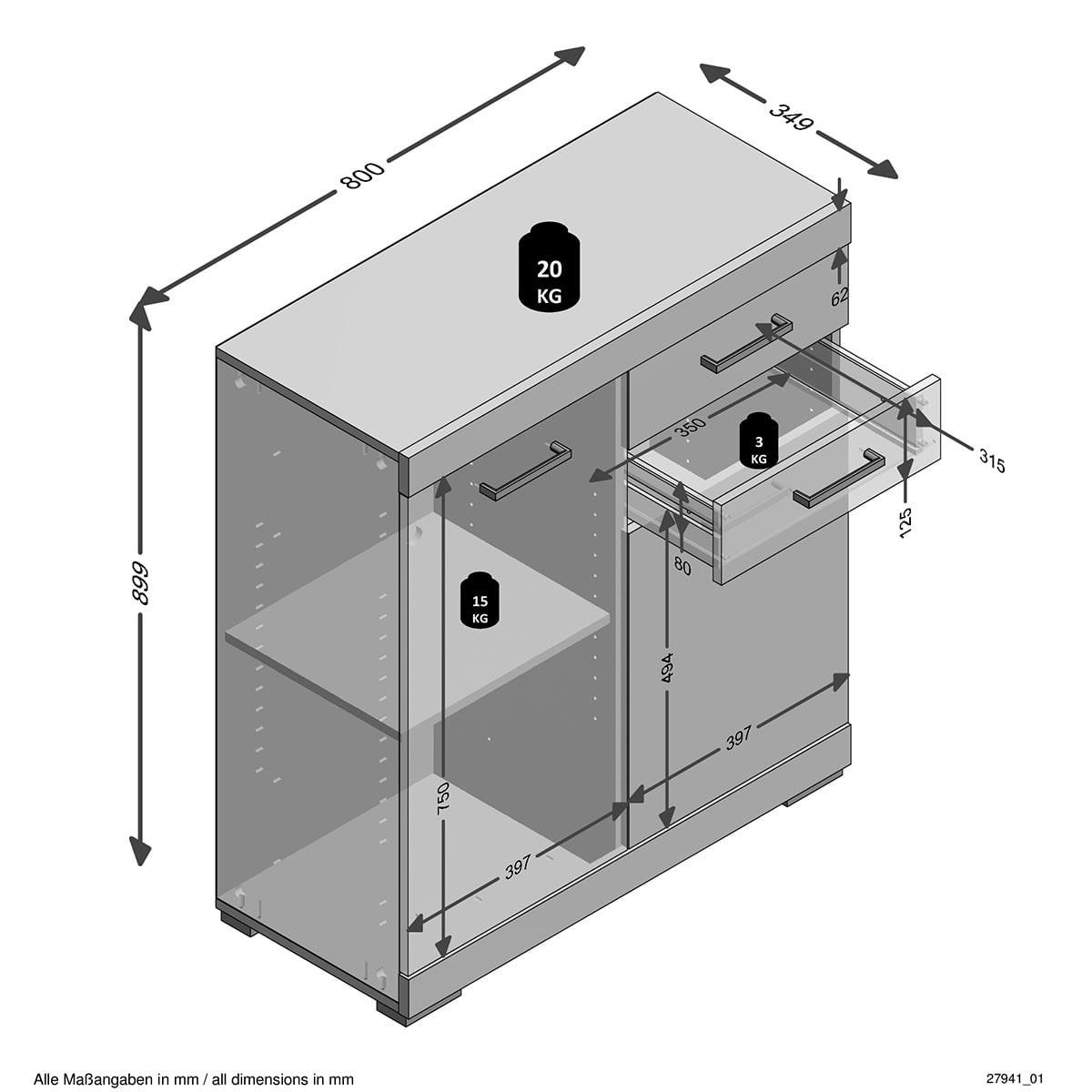 SIDEBOARD mit 2 Türen und 2 Schubladen L80cm - Bristol - Weiß/Grau, Holzwerkstoff (34.9/89.9/80cm) - Calicosy