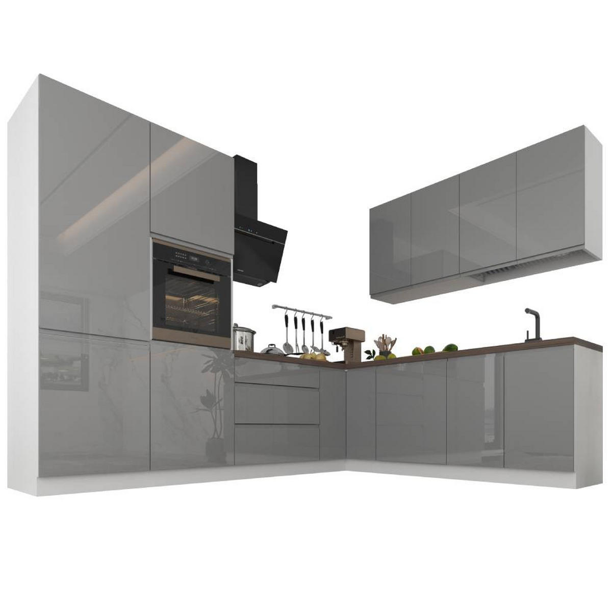 ECKKÜCHE 280 x 220 cm – Aspen KA3-M280 - in Grau/Hochglanz - Grau, Holz (500/212/58cm)