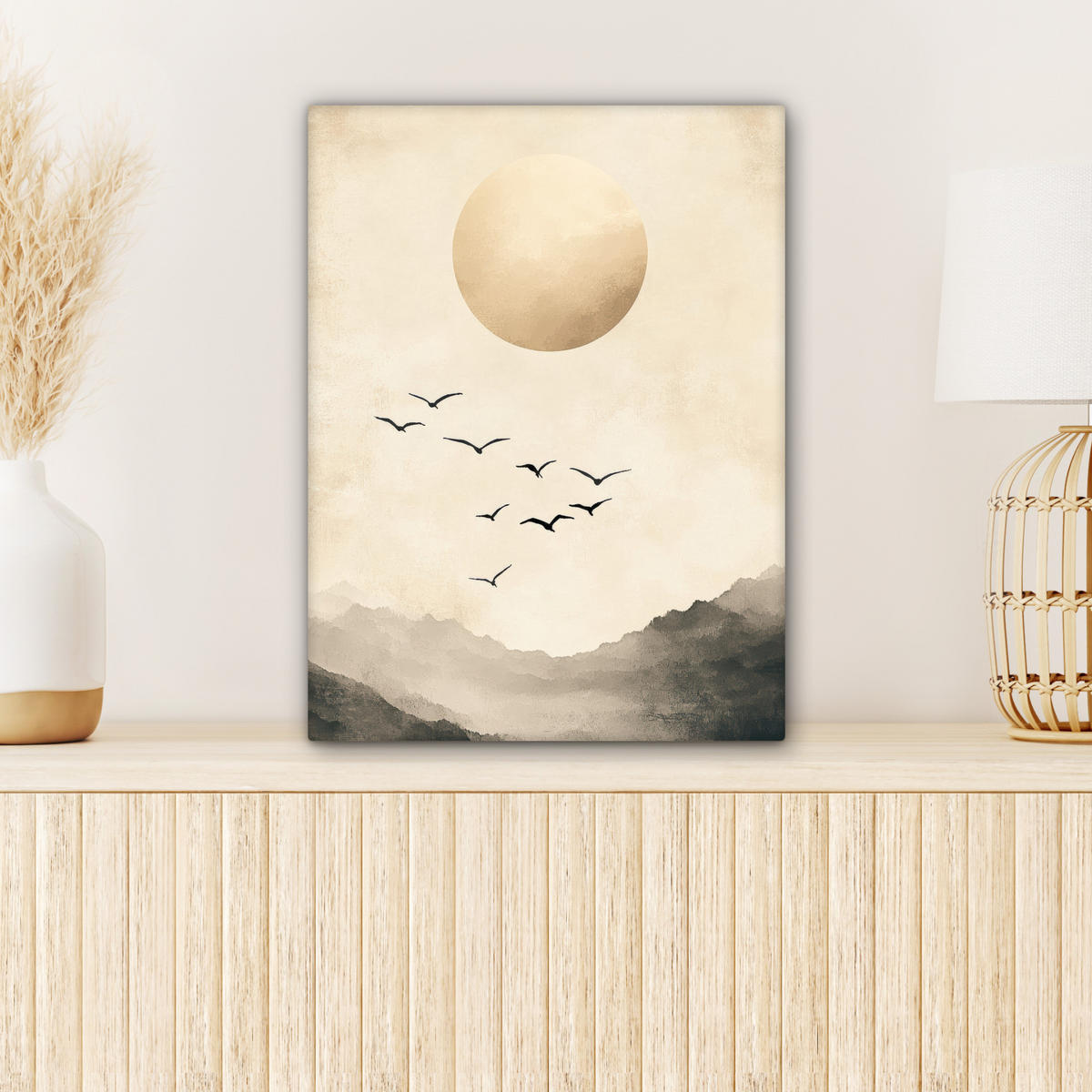 LEINWANDBILD Landschaft - Japandi - Vogel 30x40 cm - Beige, Textil (30/40cm) - MuchoWow