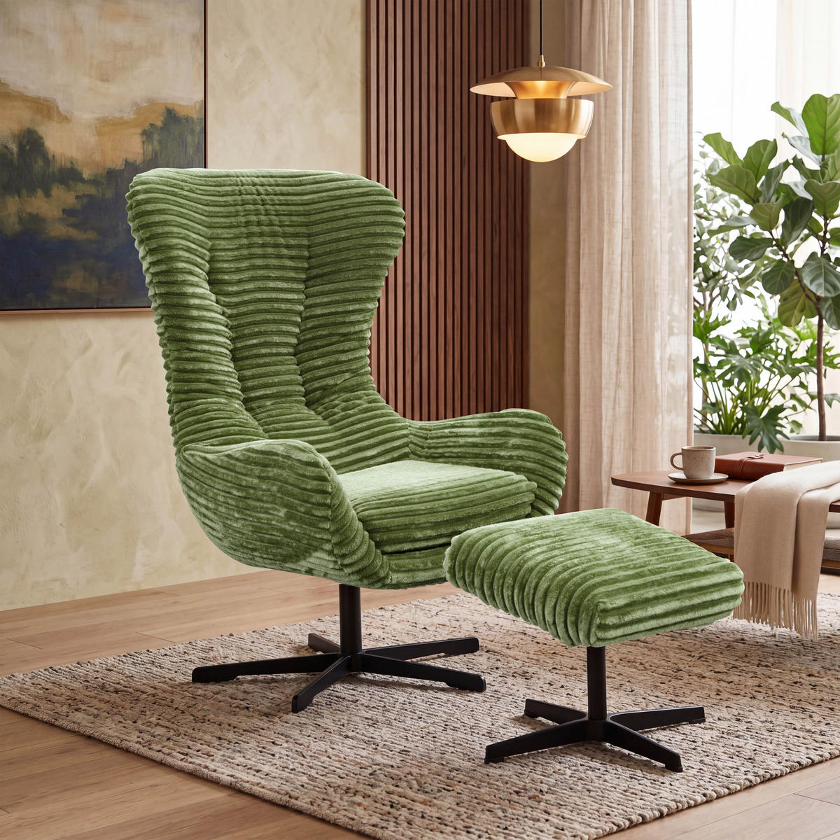 SESSEL MONACO 1-Sitzer, Cordstoff olivgrün - Schwarz/Olivgrün, Holz/Textil (74/116/84cm) - Courtois Laville