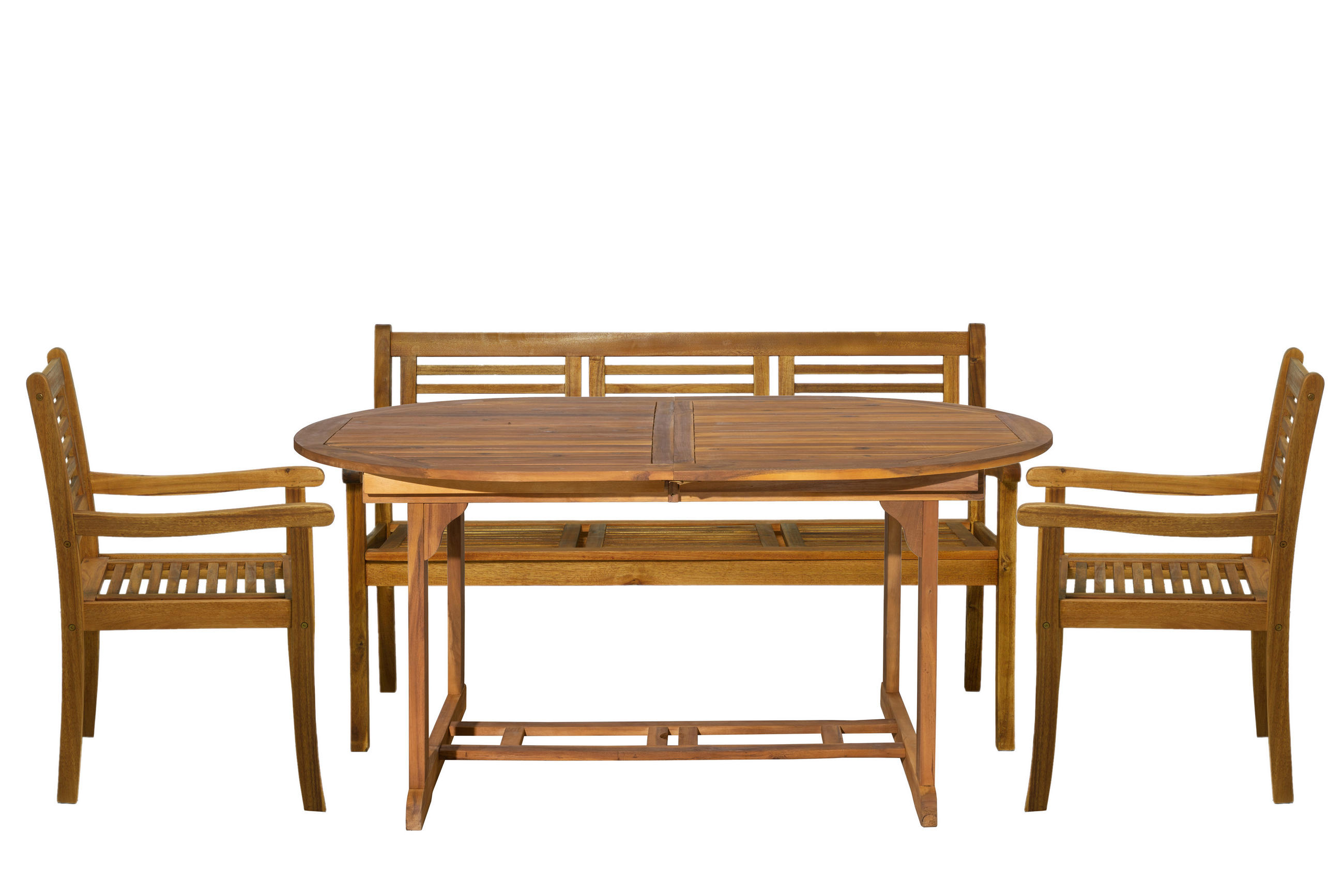 SITZGRUPPE Akana mit 2 Stühlen, 1 Bank und 1 ausziehbaren Tisch - 150/200x100 cm - Akazienholz geölt - Naturfarben, Holz - TPFGarden