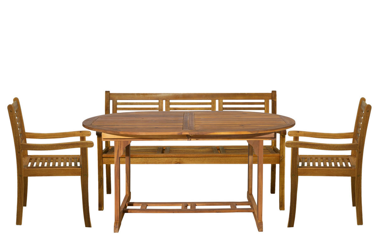 SITZGRUPPE Akana mit 2 Stühlen, 1 Bank und 1 ausziehbaren Tisch - 150/200x100 cm - Akazienholz geölt - Naturfarben, Holz - TPFGarden