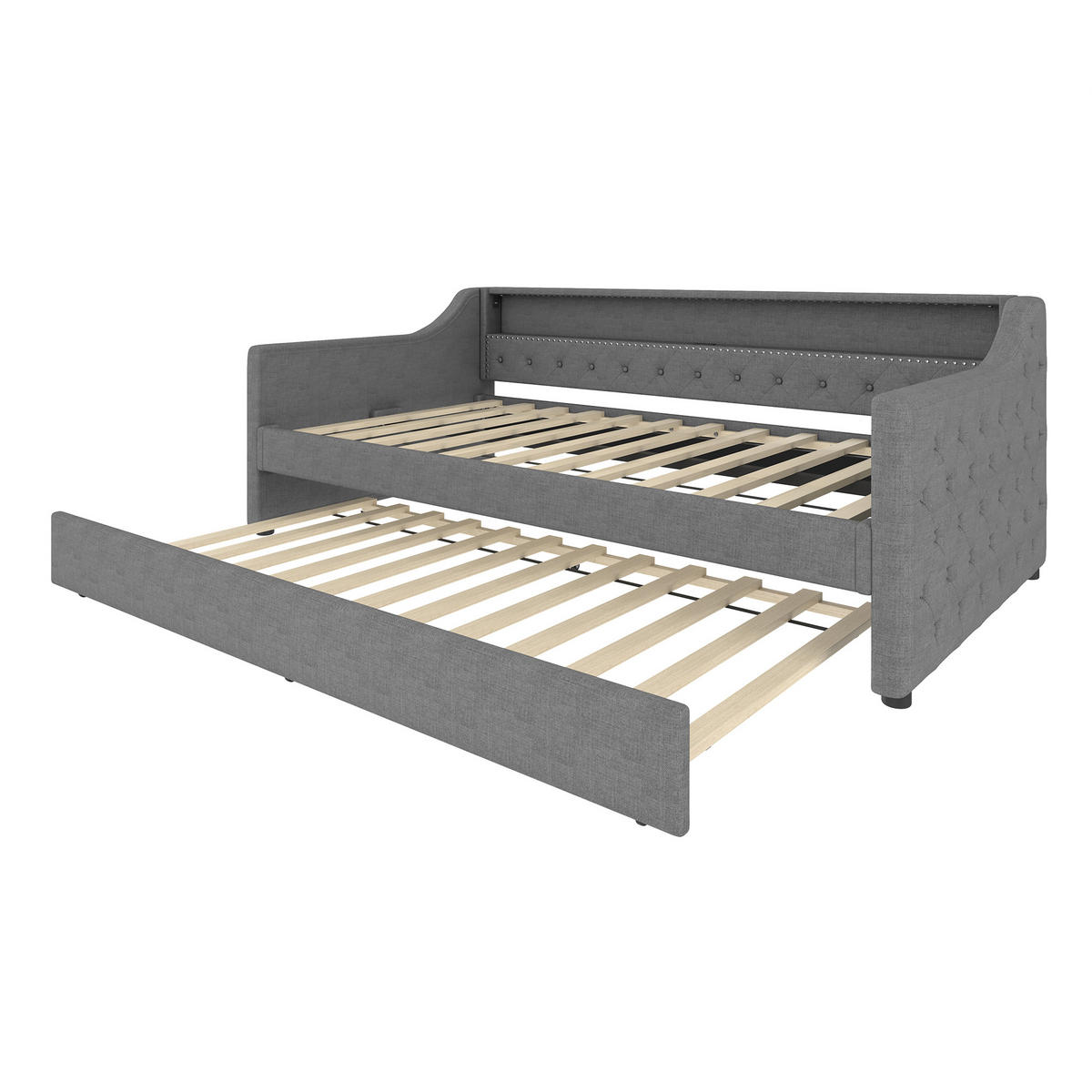 DAYBETT 90/200 cm Grau mit Ausziehbett und LED-Beleuchtung aus Leinen - Grau, Textil (90/200cm) - OKWISH