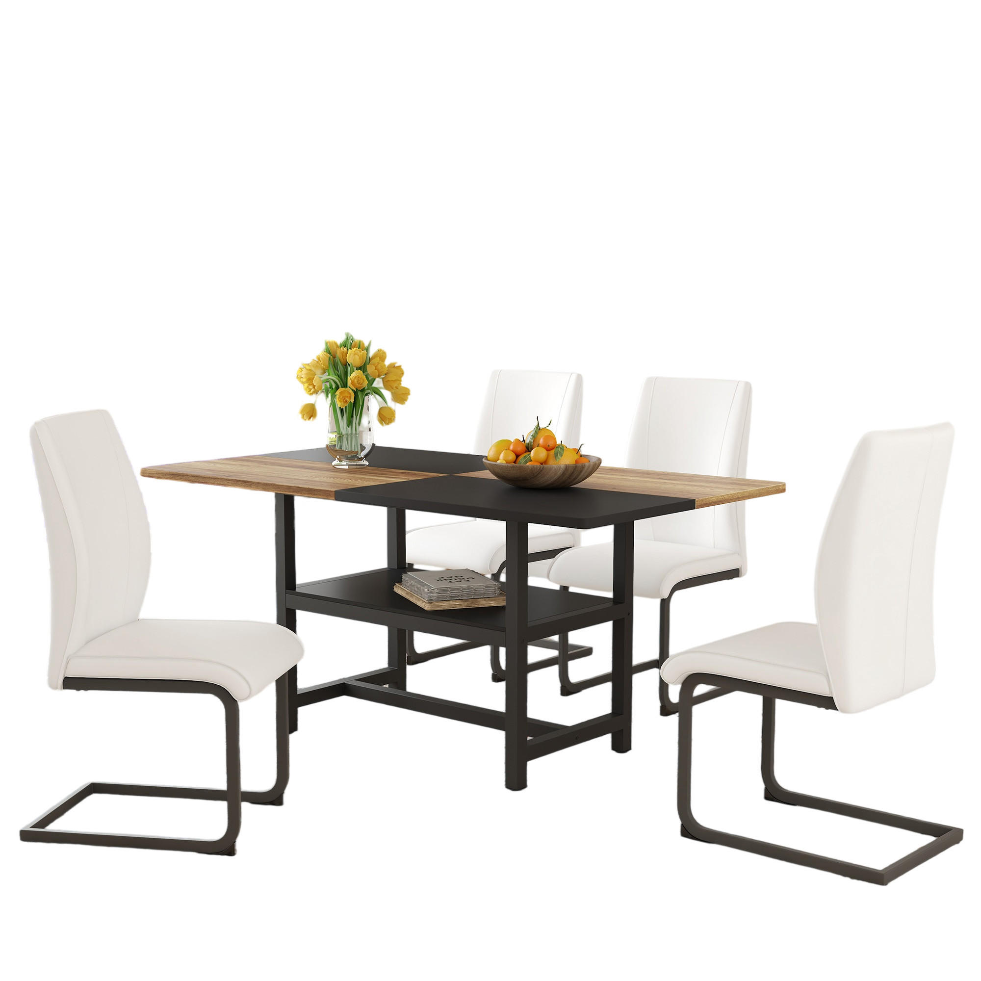 ESSGRUPPE DE-39342 5-teilig, mit Abstellregal und 4 PU-Sesseln Weiß - Weiß, Holzwerkstoff (160/76/90cm) - ComfortXL