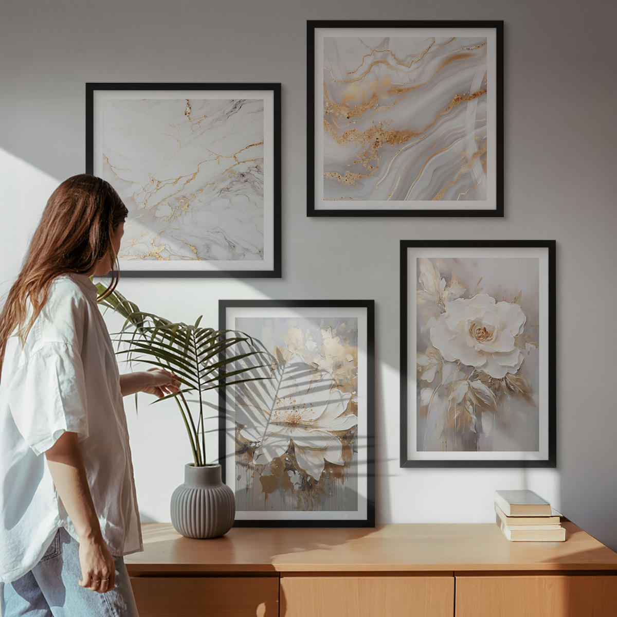 WANDBILDER 4er-Set - 50x50 cm & 40x60 cm Schwarzer Rahmen - Blumen, heller Hintergrund, Marmormuster - Schwarz, Kunststoff (50/50cm) - ArtPrintCave