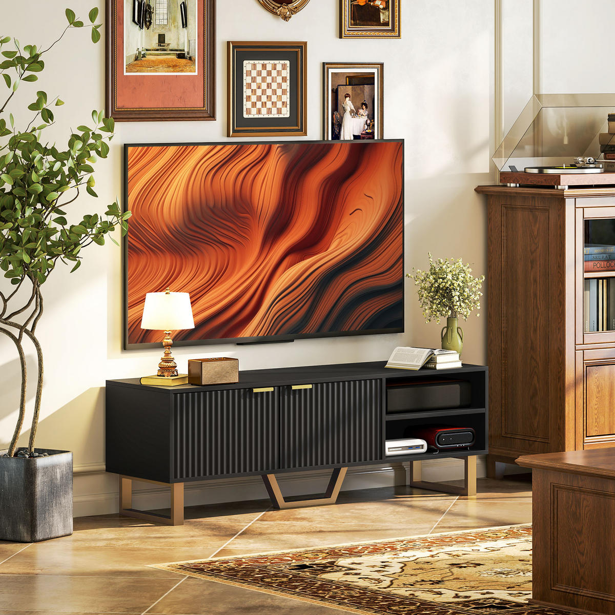 TV-LOWBOARD Holzoptik/Gold 140/39/47 cm, 2 geriffelte Türen, offene Fächer - Schwarz, Holzwerkstoff (140/47/39cm) - PANGIVO
