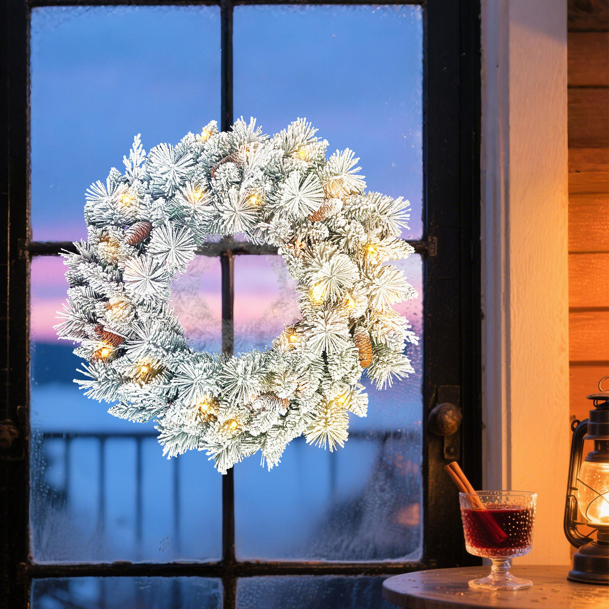 TANNENKRANZ Weihnachtskranz mit LED-Lichterkette, Tannenzapfen, Türkranz - Weiß, Kunststoff (60/8/60cm) - HOMCOM