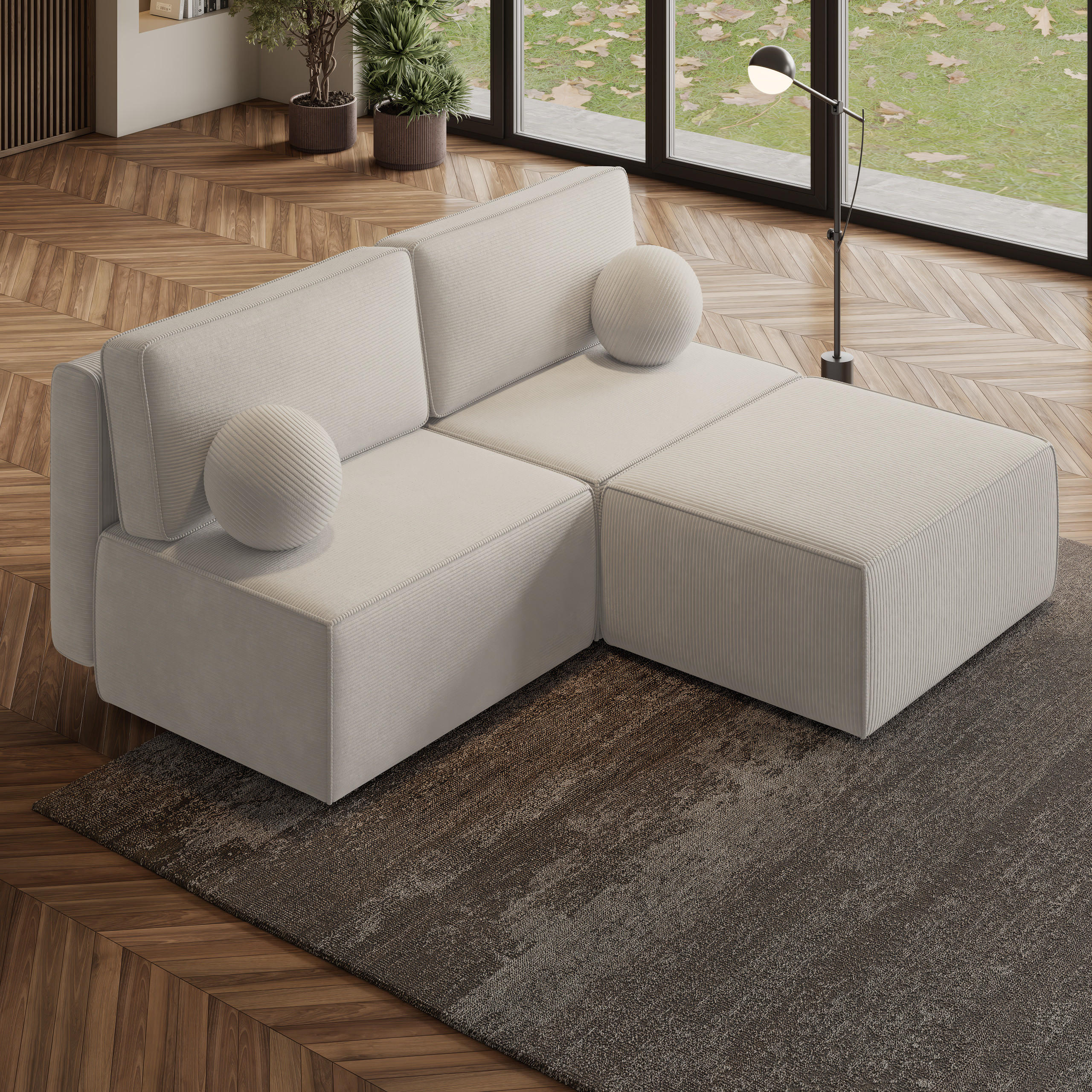 ECKSOFA VARNA P Creme Kordstoff mit Schlaffunktion - Creme, Holz (196/158cm) - MASSENO