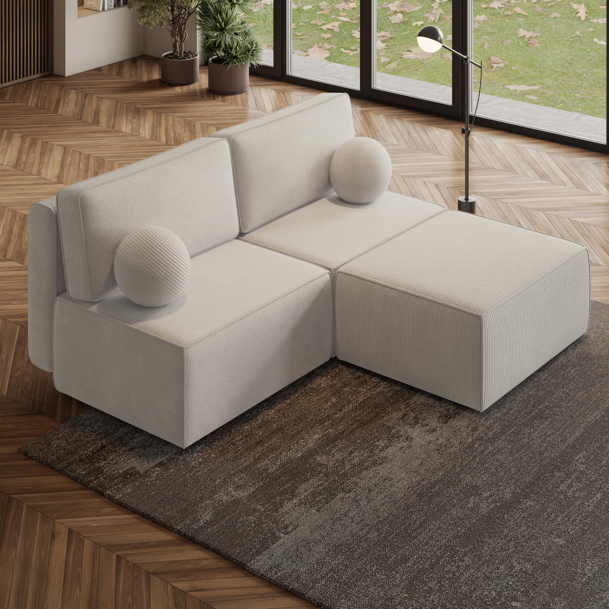 ECKSOFA VARNA P Creme Kordstoff mit Schlaffunktion - Creme, Holz (196/158cm) - MASSENO