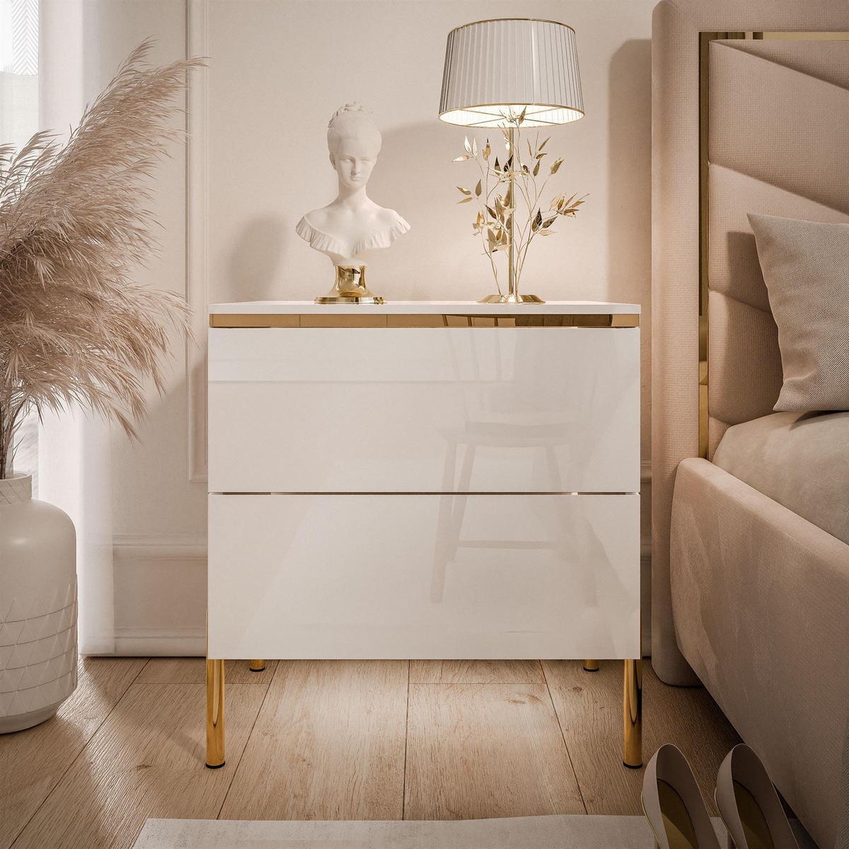 NACHTTISCH AURORA II auf gerade Gold Chrom Beine Weiß / Weiß hochglanz - Weiß Hochglanz/Goldfarben, Holzwerkstoff/Metall (50/54/37cm) - Lookway