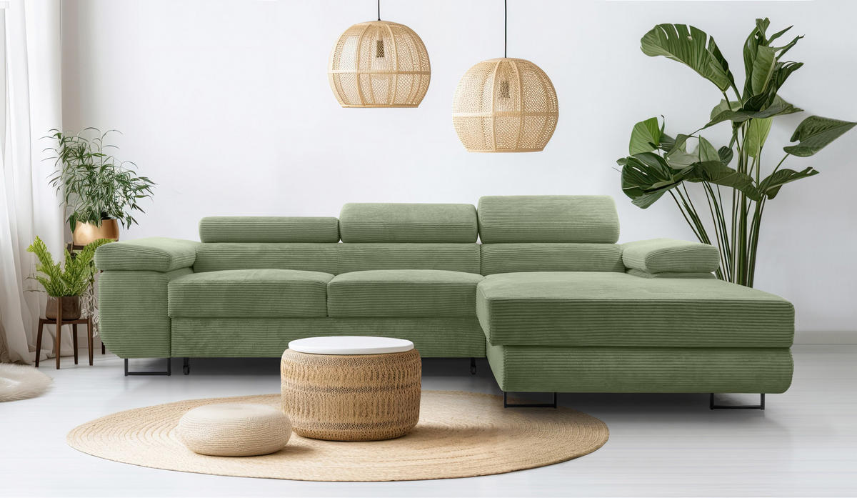 ECKSOFA L Form Arborio Salbeigrün 280/203/90 cm Rechts mit Schlaffunktion - Schwarz/Grün, Textil/Metall (280/203cm) - AX Living