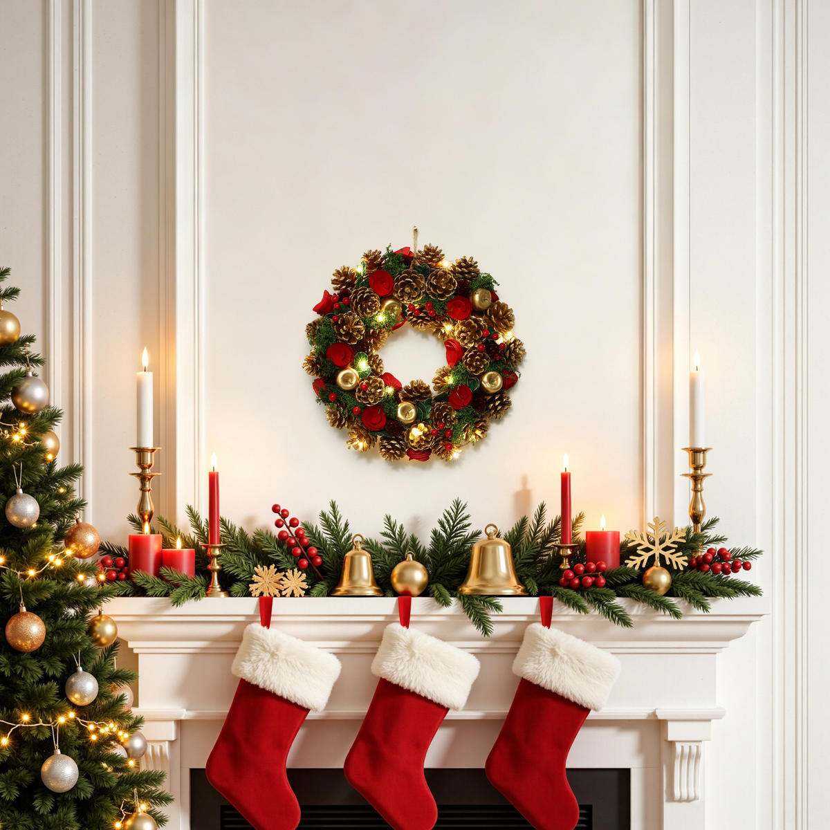 WEIHNACHTSKRANZ mit 15 LEDs, Timer, Zapfen & Blüten - Dunkelgrün, Naturmaterialien (34cm) - Hometopia