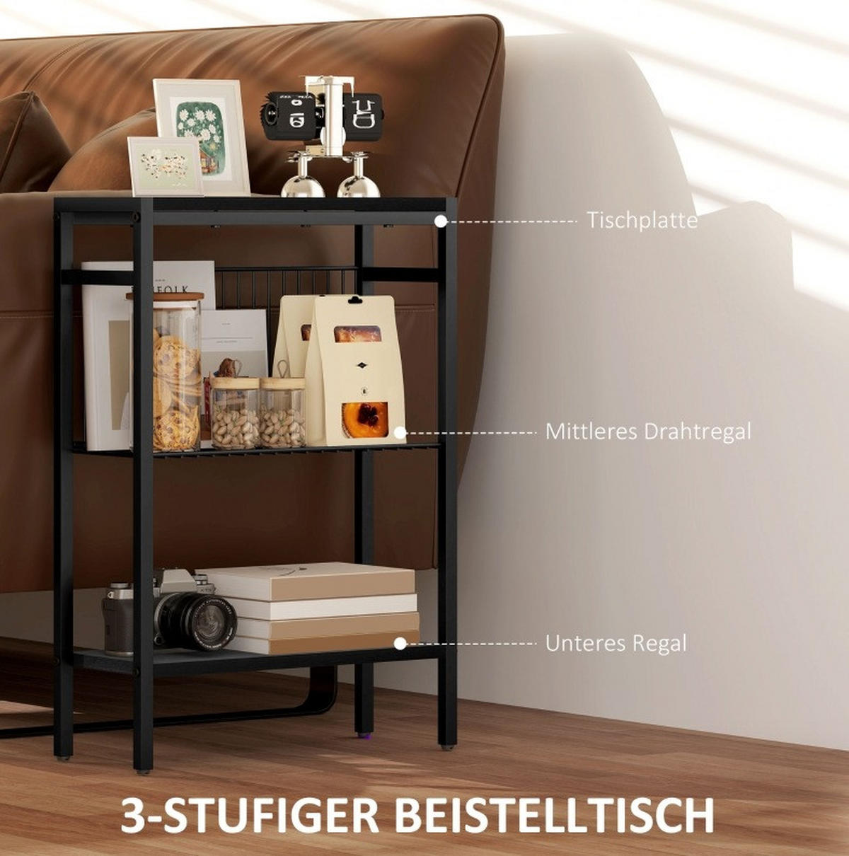 BEISTELLTISCH 43/18/62,5 cm schwarz aus Spanplatte mit 3 Ablagen - Schwarz, Holzwerkstoff (43/18/62.5cm) - OKWISH
