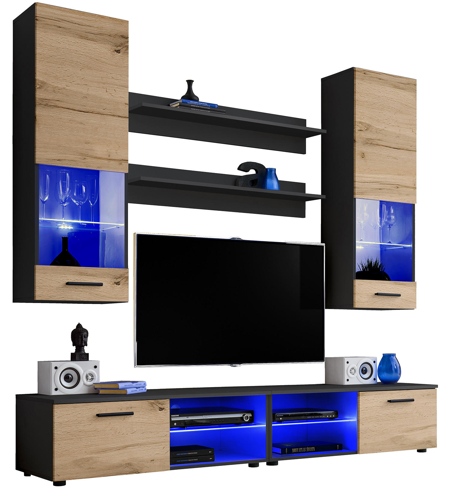 WOHNZIMMERSET VARALLO, 6er-Set, Schwarz, Front Eiche Wotan , LED Blau - Eiche Wotan/Schwarz, Glas/Holzwerkstoff (200/190/45cm) - Komodee