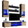 WOHNZIMMERSET VARALLO, 6er-Set, Schwarz, Front Eiche Wotan , LED Blau - Eiche Wotan/Schwarz, Glas/Holzwerkstoff (200/190/45cm) - Komodee