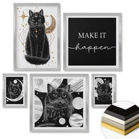 WANDBILDER 5er Set - 50x50 cm & 20x30 cm & 40x60 cm Silberner Rahmen - Schwarze Katzen, Mond, Planet - Silberfarben, Kunststoff (40/60cm) - ArtPrintCave