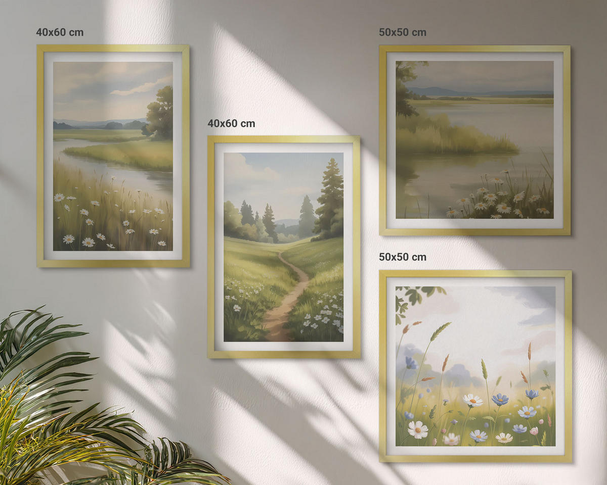 BILDER SET 4er Set - 50x50 cm & 40x60 cm Goldrahmen - Frühlingslandschaft Flusswiese - Goldfarben, Kunststoff (50/50cm) - TULUP