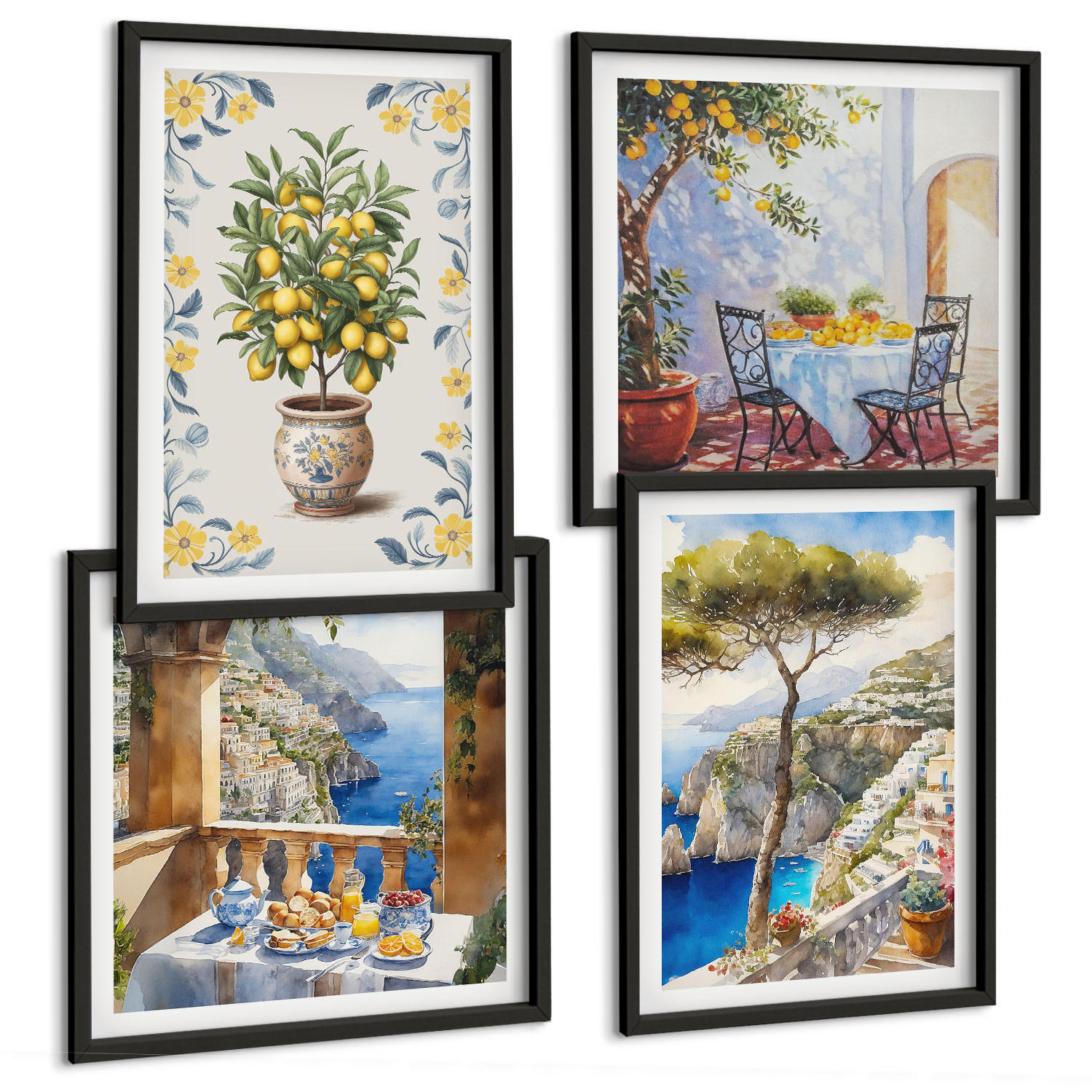 BILDER SET 4er Set - 50x50 cm & 40x60 cm Schwarzer Rahmen - Gemälde von Zitronenbäumen - Schwarz, Kunststoff (50/50cm) - TULUP