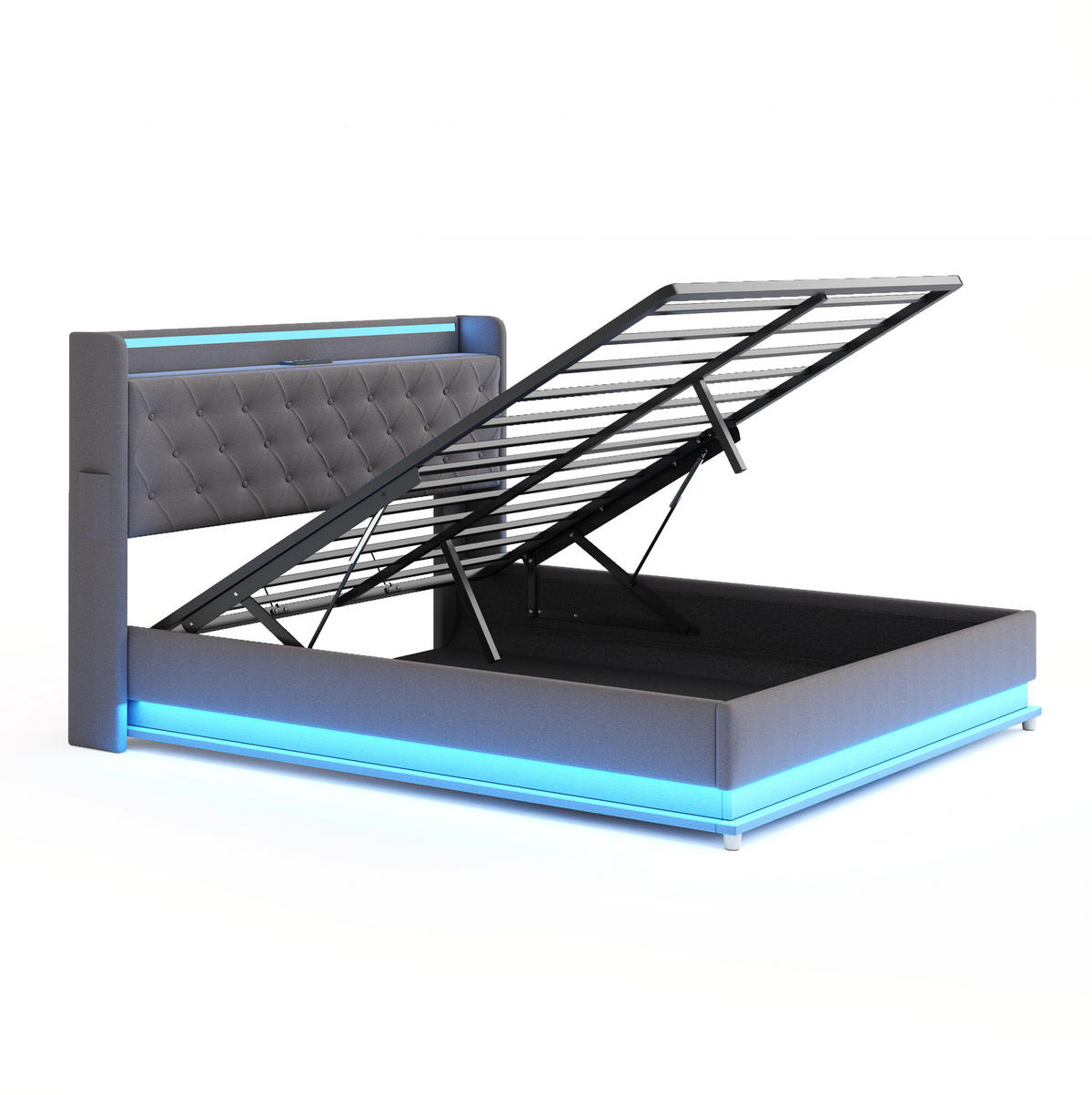 ČALÚNENÁ posteľ z látky 140x200 cm sivá s LED osvetlením, USB portom a hydraulickým úložným priestorom - sivá, textil (140/200cm) - Modfu