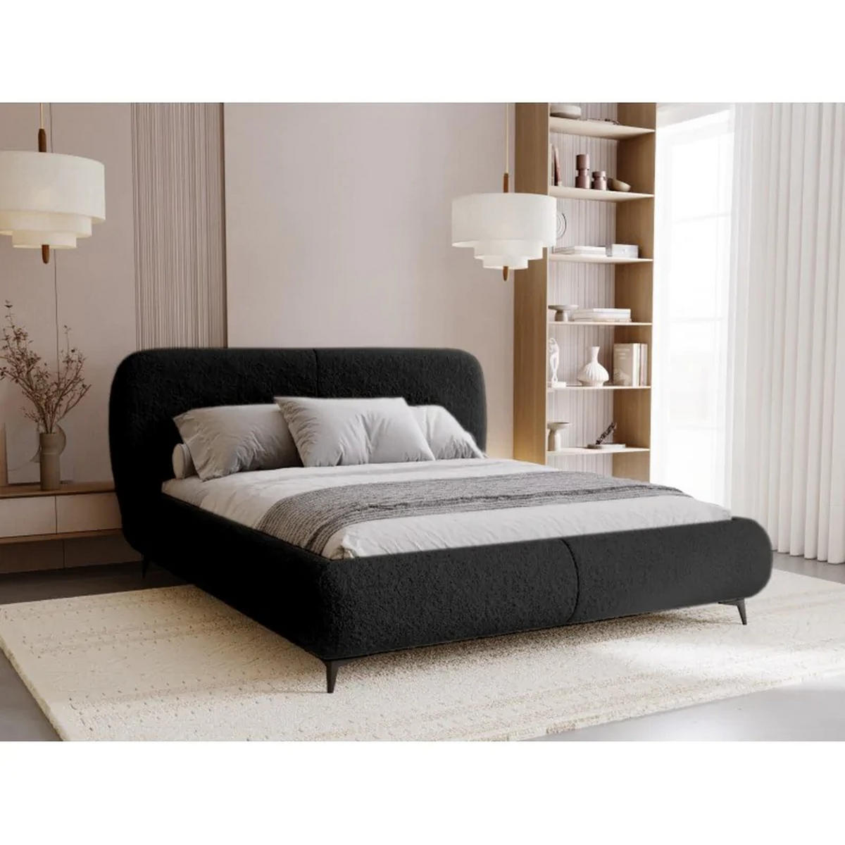 POLSTERBETT ELLE mit Kopfteil, 140 x 200 cm, Doppelbett mit Bettkasten und Lattenrost aus Holz, Bouclé-Stoff, Frabe: Schwarz - Schwarz, Holz/Kunststoff (140/200cm) - Sepro Meble