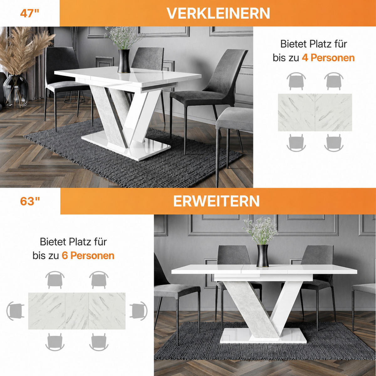 ESSTISCH Ausziehbar 120-160 cm Weiß glänzend - Weiß Hochglanz, Holzwerkstoff (160/80/75cm) - Home Collective