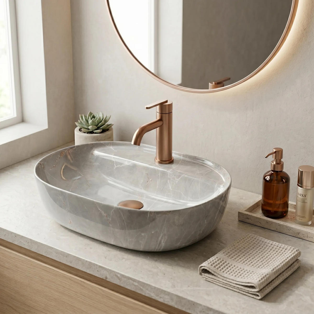 AUFSATZWASCHBECKEN Rea Aura 51 Kashmir - Grau, Keramik (38.5/13.5/50.5cm) - REA