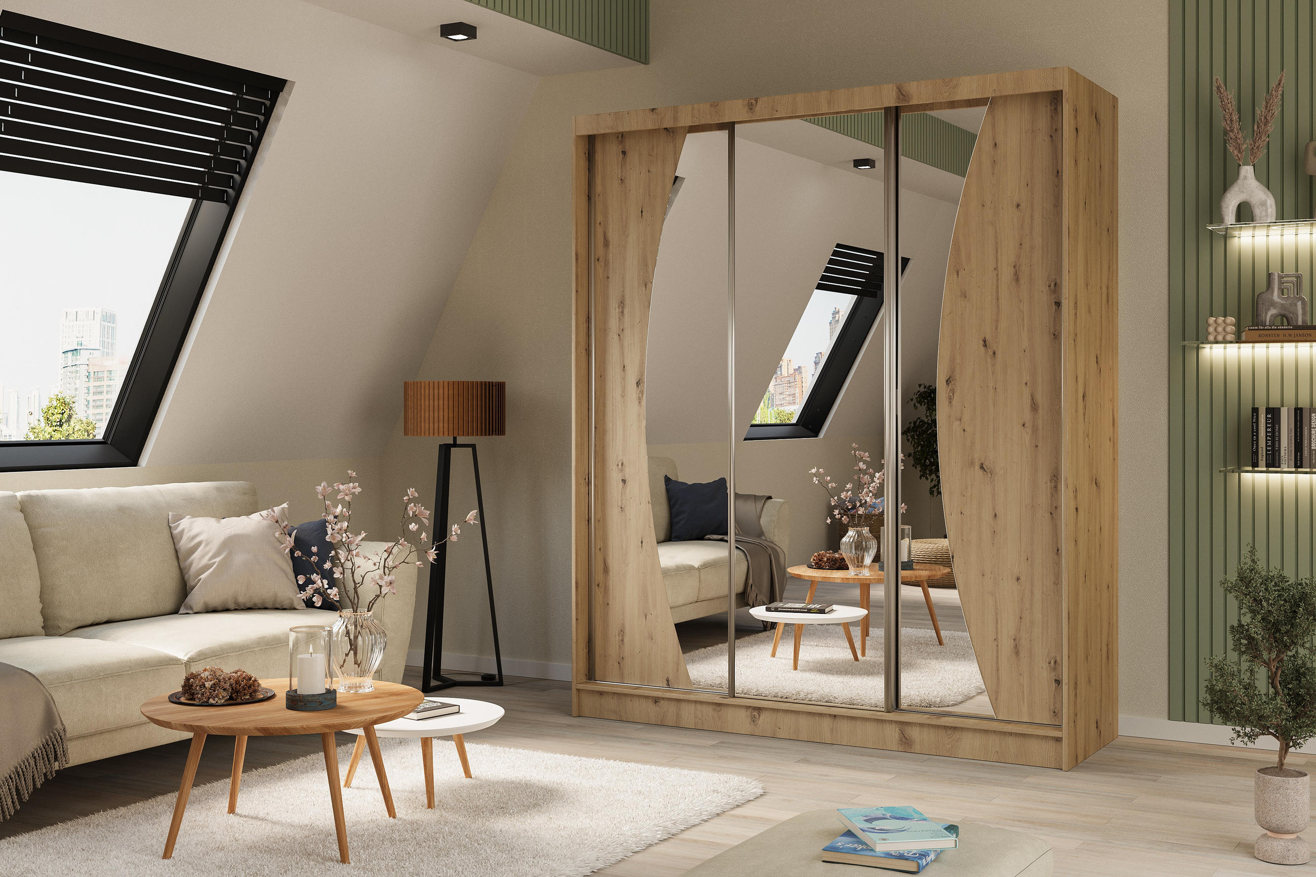 KLEIDERSCHRANK mit Spiegel-Schiebetüren und Aluminium-Leisten - VOXI - 180 cm Eiche Artisan - Eiche Artisan, Holzwerkstoff (180/216/61cm) - ALTDECOR