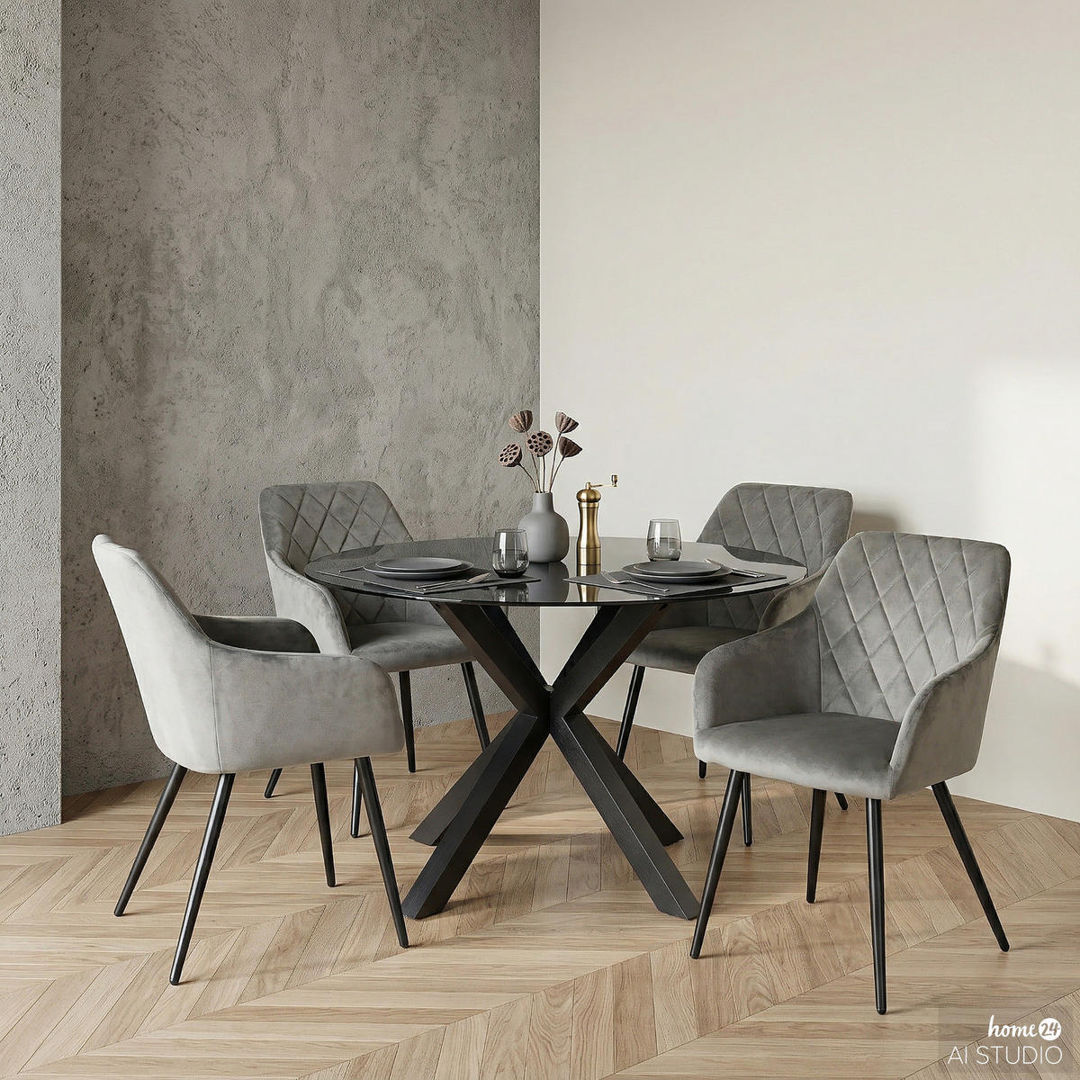 ARMLEHNENSTUHL - 2er-Set - Schwarz/Grau, Textil/Metall (54/83/60cm) - home24