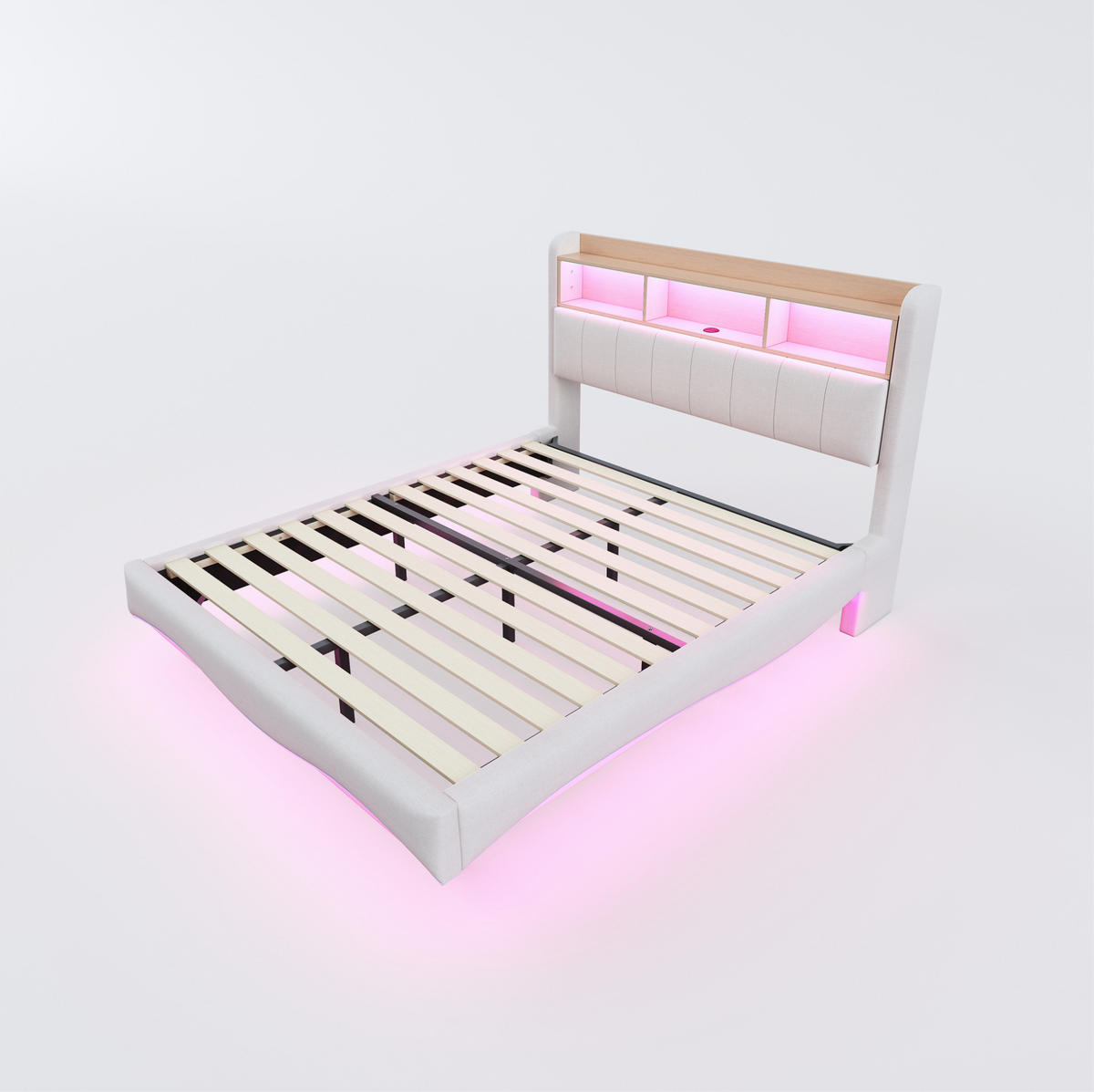 POLSTERBETT 160/200 cm Beige mit LED-Beleuchtung und USB- und Type-C-Anschlüssen - Beige, Textil (160/200cm) - Flora Grace