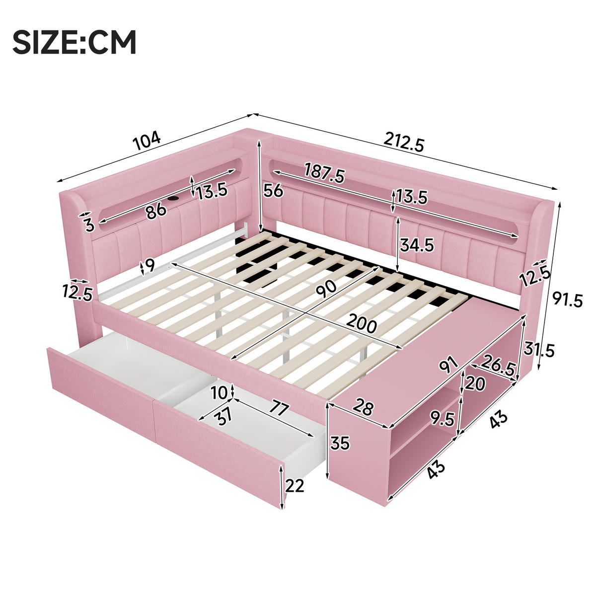 GEPOLSTERTES Schlafsofa 90/200 cm mit LED-Beleuchtung, USB-Anschluss, 2 Schubladen und Schuhschrank, Rosa - Weiß, Holzwerkstoff (104/91.5/212.5cm) - Redom
