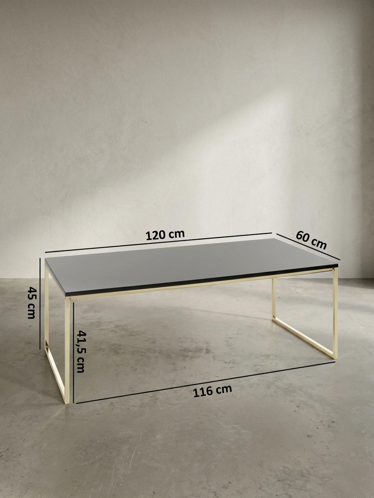 COUCHTISCH RIVA, Schwarz, Metall und Holz, Filigrane Beine, Maße 120x45x60 cm - Goldfarben/Schwarz, Holz/Metall (60/120/45cm) - KADIMA DESIGN