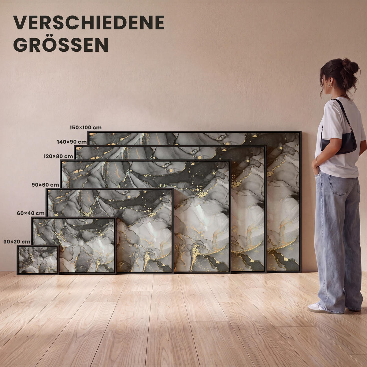 LEINWAND Bilder mit Rahmen - Grau - Luxus - Gold - Marmor - 120x80 - Dunkelgrau, Textil (120/80cm) - MuchoWow