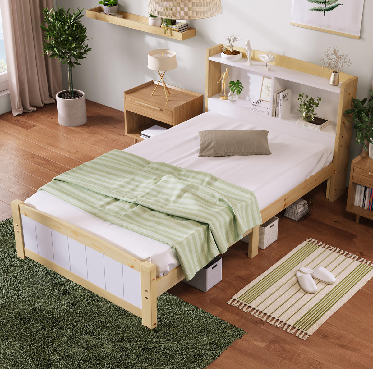 JEDNOLŮŽKOVÁ postel 90/200 cm bílá z masivního dřeva a MDF s úložným čelem - přírodní, dřevo (90/200cm) - OKWISH