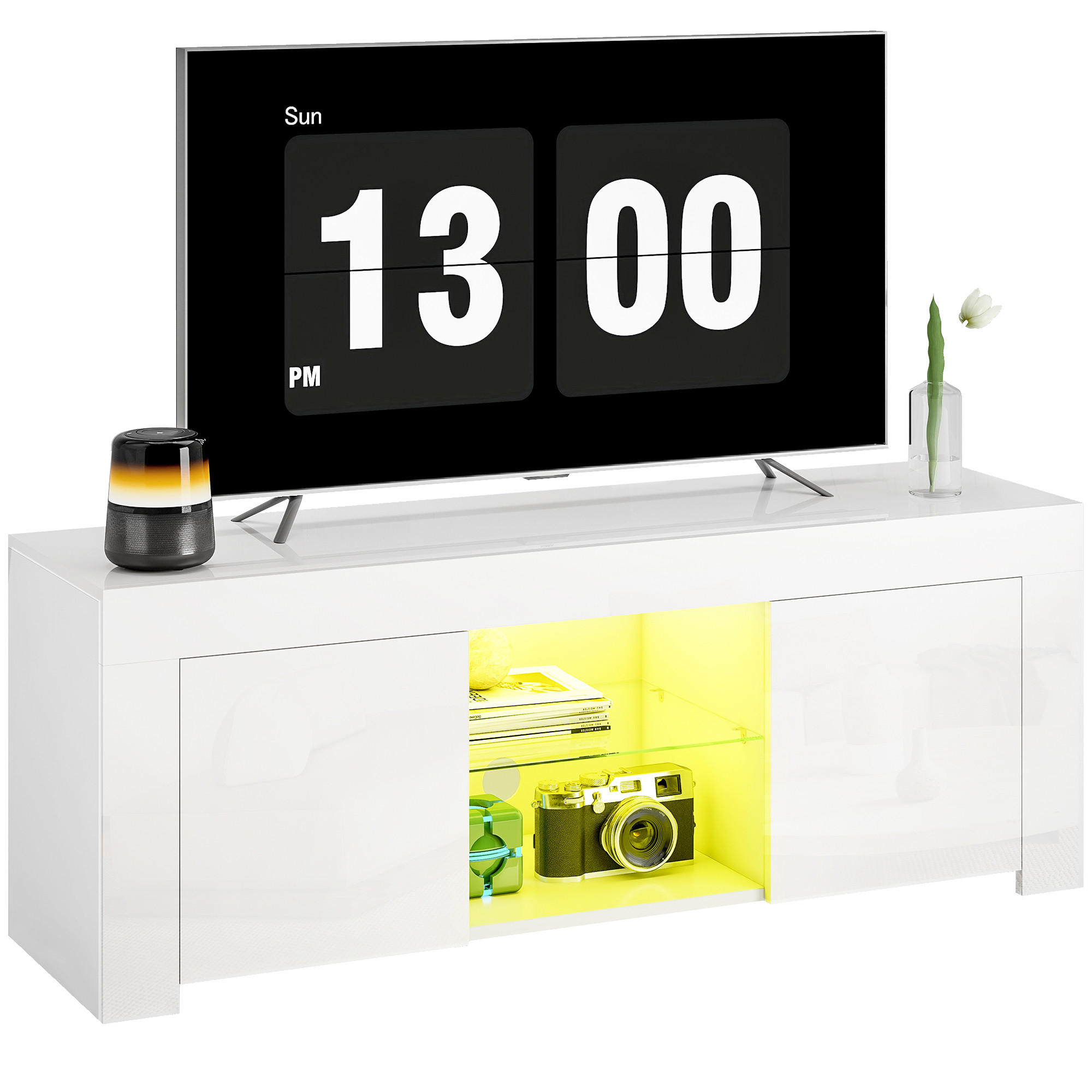 TV-SCHRANK mit LED-Beleuchtung, 2 Schranktüren, Glasregal, Kabellöcher, für Wohnzimmer, Spanplatte, Weiß - Weiß, Holzwerkstoff (120/45/34cm)