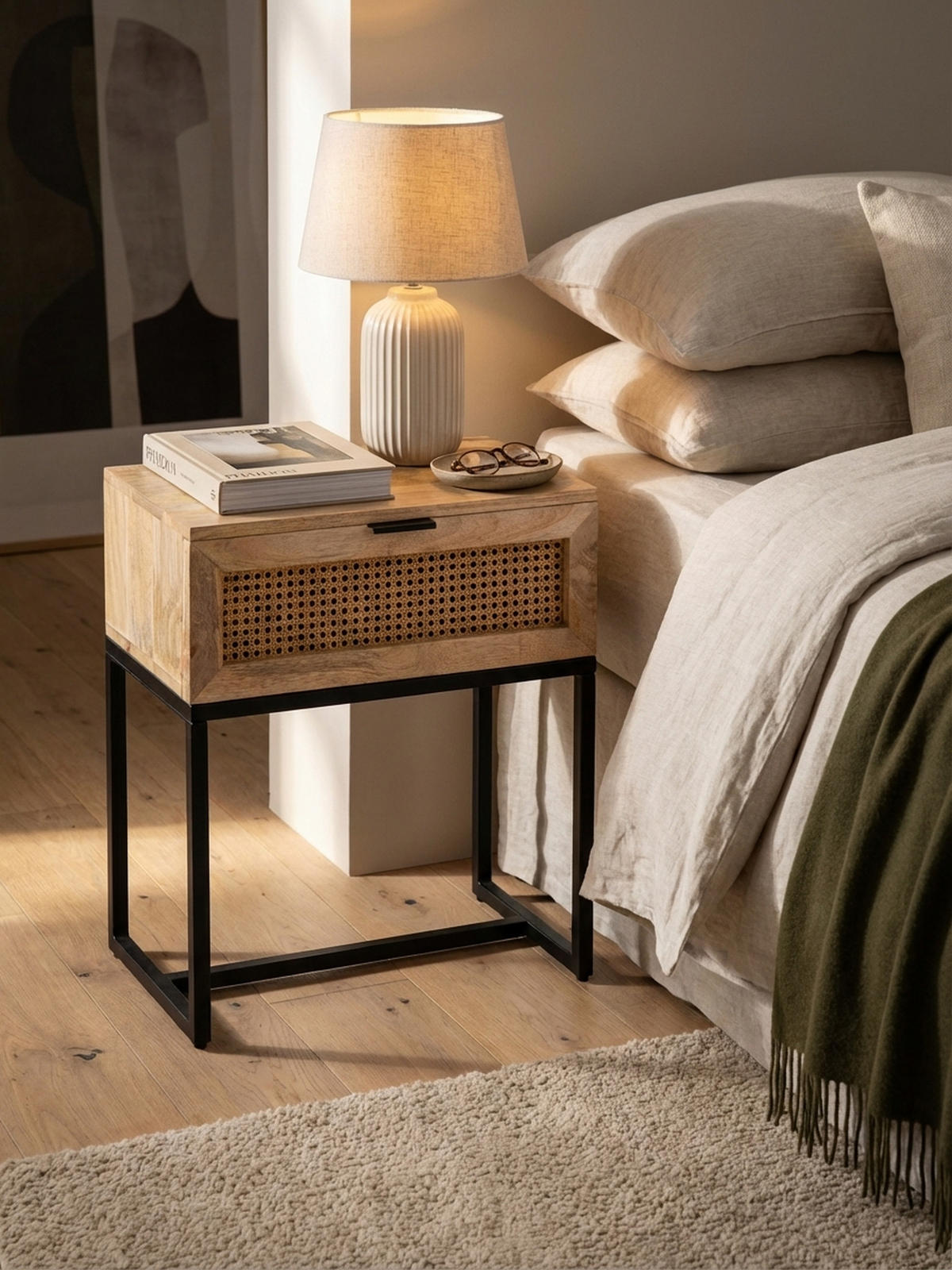 NACHTTISCH – Mango Massivholz/Rattan, 50x60x30 cm, 1 Schublade, Wiener Geflecht - Schwarz/Braun, Holz/Metall (50/60/30cm) - KADIMA DESIGN