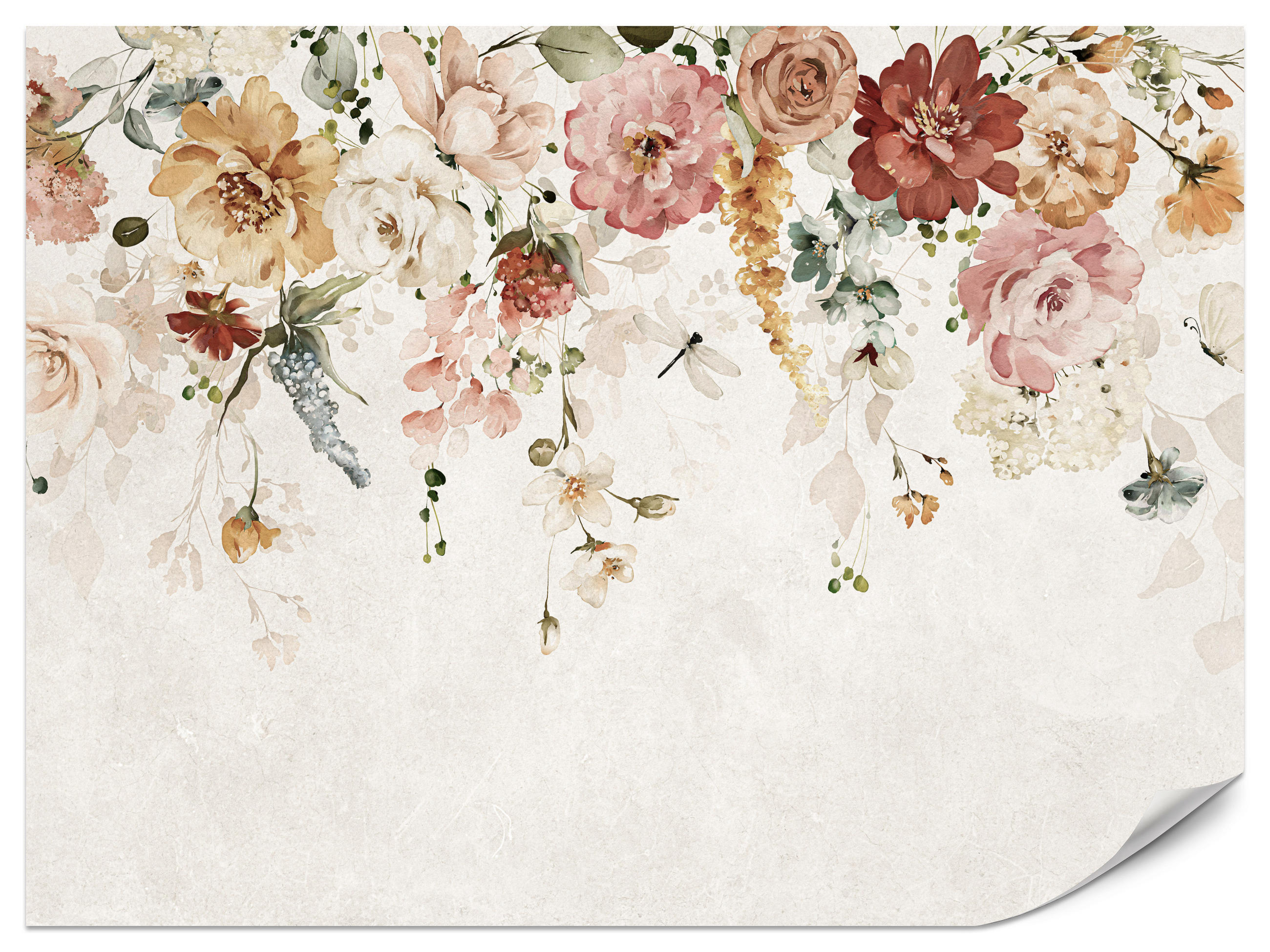 FOTOTAPETE für Esszimmer Aquarellblumen Blätter Pflanzen Pfingstrosen Rosen 500x350 - Multicolor, Papier (500/350cm) - Muralo
