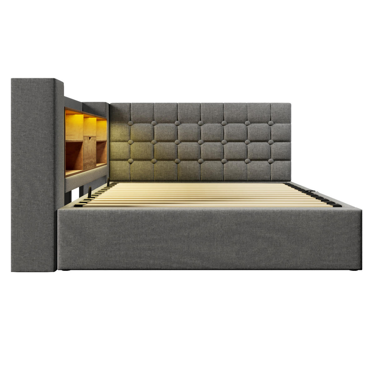BETT mit LED und Stauraum 140x200 cm Leinen Grau inkl. Matratze - Grau, Metall (140/200cm) - Meubliv