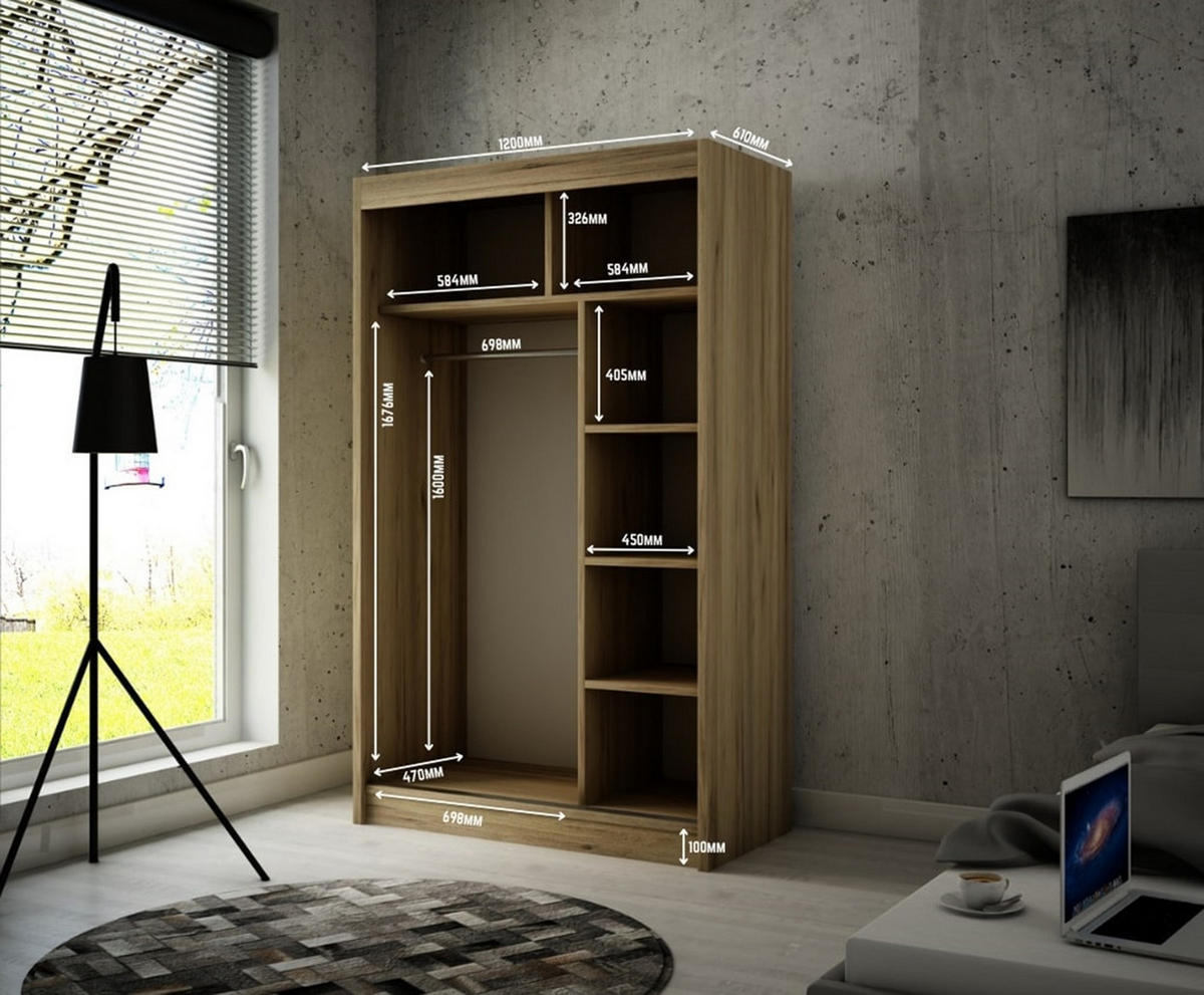 KLEIDERSCHRANK RYFLOX mit LED - 120 - Eiche Artisan|Schwarz - Schwarz/Eiche Artisan, Holzwerkstoff (120/215/61cm) - ALTDECOR